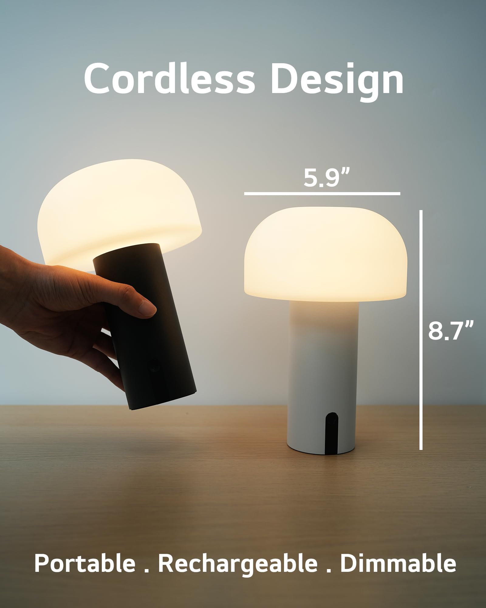 Ilovinit Rechargeable Outdoor Mushroom Table Lamp - Waterproof, Cordless, Touch Dimming, Black