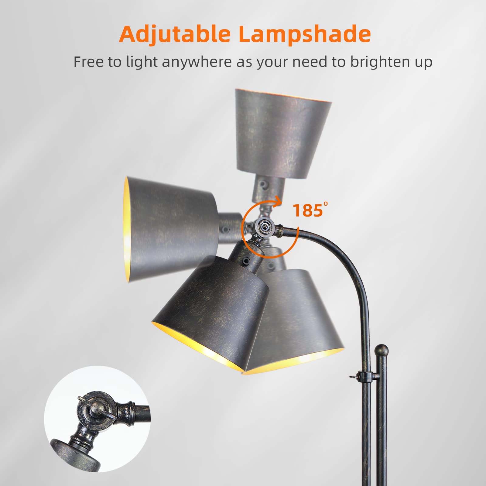 Floor Lamp, Industrial Floor Lamps For Living Rooms & Bedrooms - Rustic Farmhouse Reading Lamp Standing, Adjustable Metal Heads