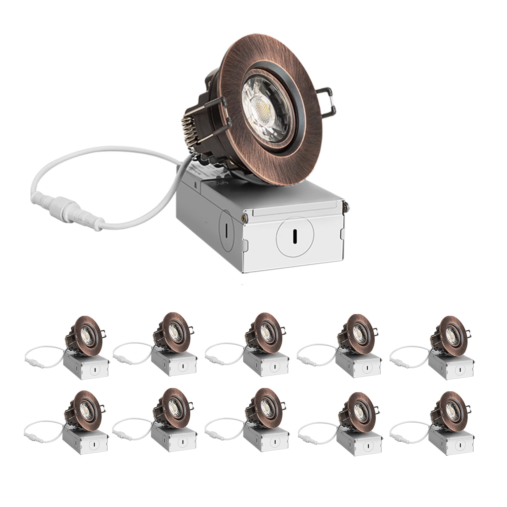 ZYC 3 Inch Recessed LED Lights - 10 Pack, Oil-Rubbed Bronze, 900 Lumens, Dimmable, ETL Listed, Model G-BR-10P