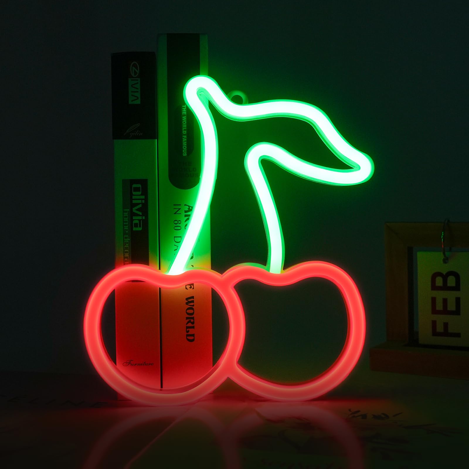 InnovTools Cherry Neon Sign - LED Wall Decor, USB/Battery Powered, Red Green Fruit Shape for Home, Bathroom, Living Room, Bar Decoration