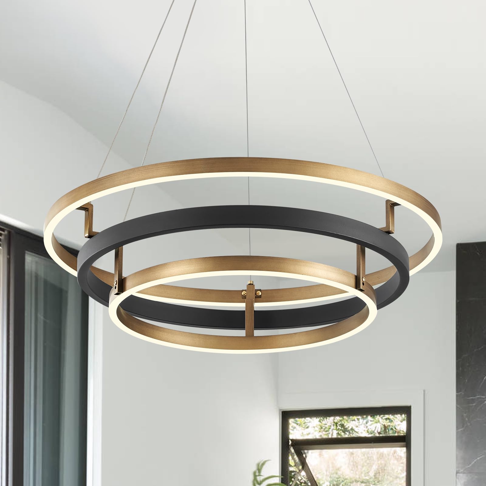 LED 3-Ring Chandelier Black Gold Chandelier Light Fixture Dimmable Round Foyer Chandeliers Modern Circular Chandeliers Light for