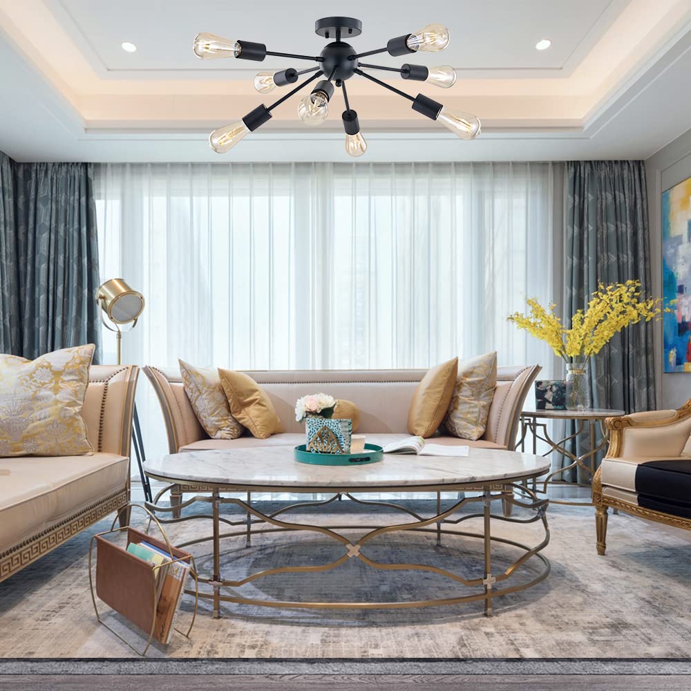 BONLICHT 8 Light Sputnik Chandelier Black Metal Semi Flush Mount Ceiling Light for Bedroom Dining Room Kitchen Foyer Model BONLICHT-8SFDMB