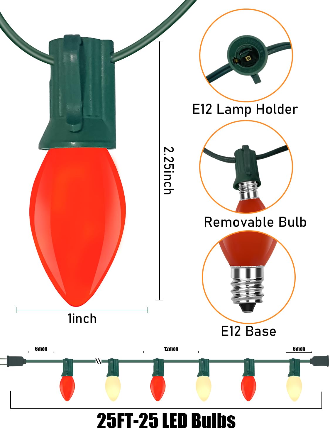 C7 Led Vintage Christmas Lights, 25Ft Outdoor Christmas String Lights With 27 Red And White Led Bulbs(2 Spare), Classic Christma