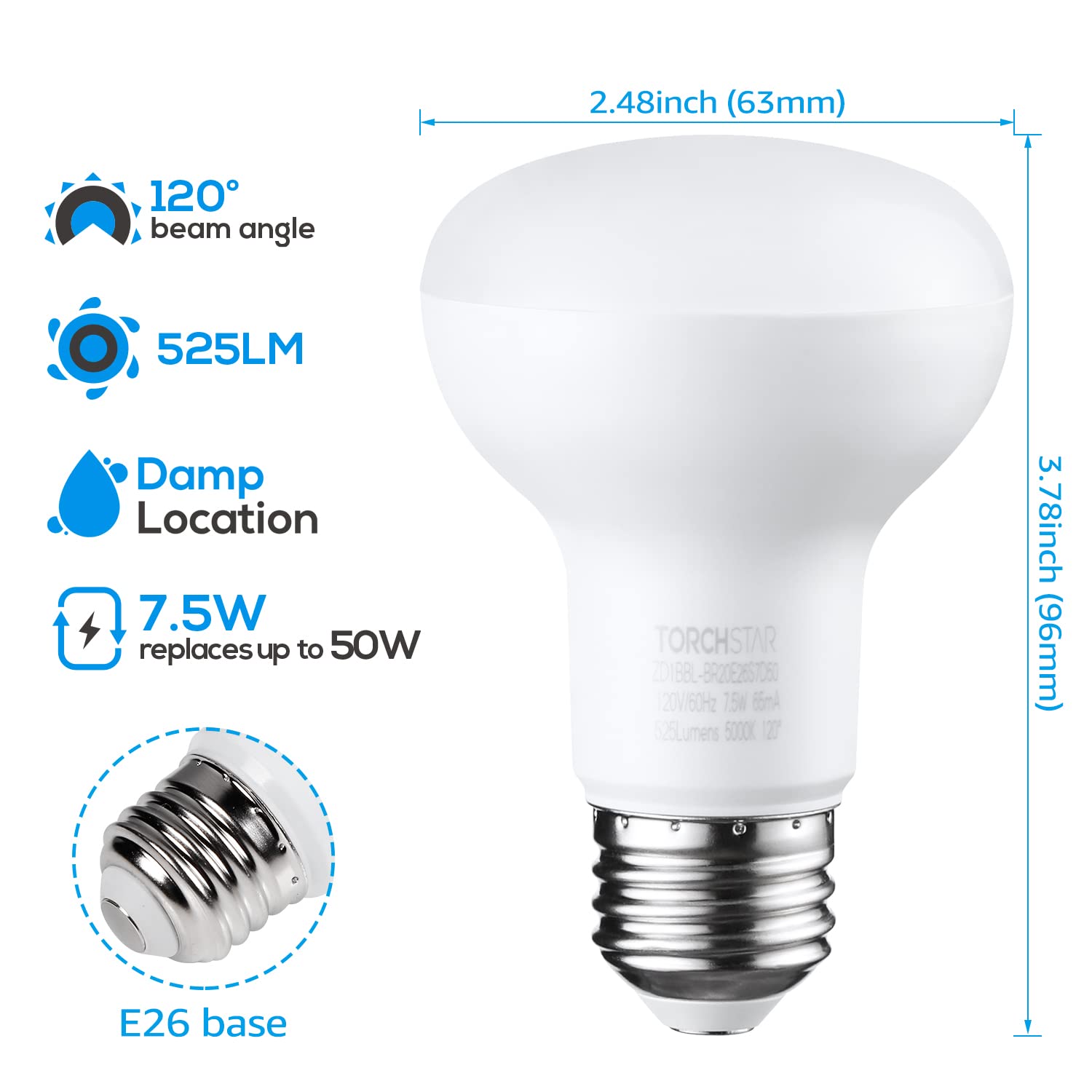 TORCHSTAR BR20 LED Bulbs, Dimmable Indoor Flood Light, 7.5W (50W Eqv), 8 Count, Daylight 5000K, E26 Medium