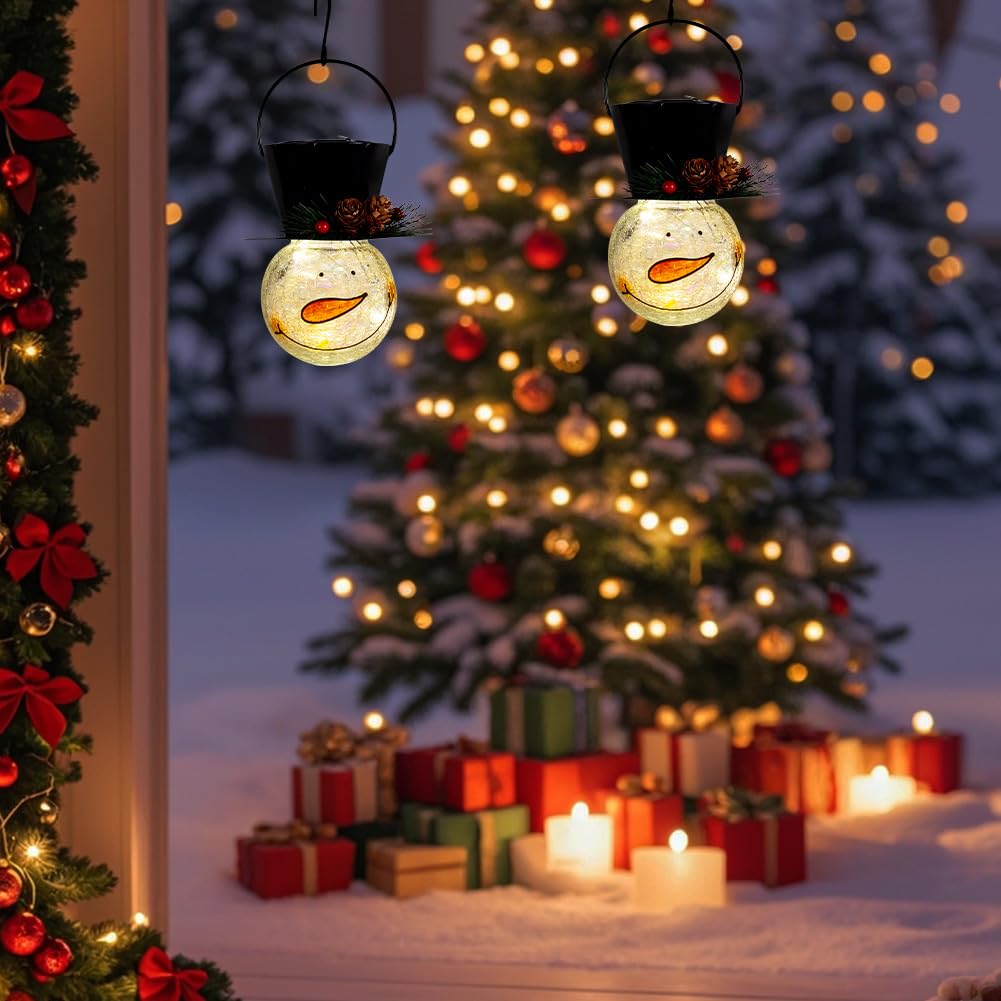 Starsoul Solar Lanterns - 2 Pack Snowman Outdoor Decorations, Waterproof Glass, Pinecone Color for Garden, Patio, Yard, Xmas Holiday Decor