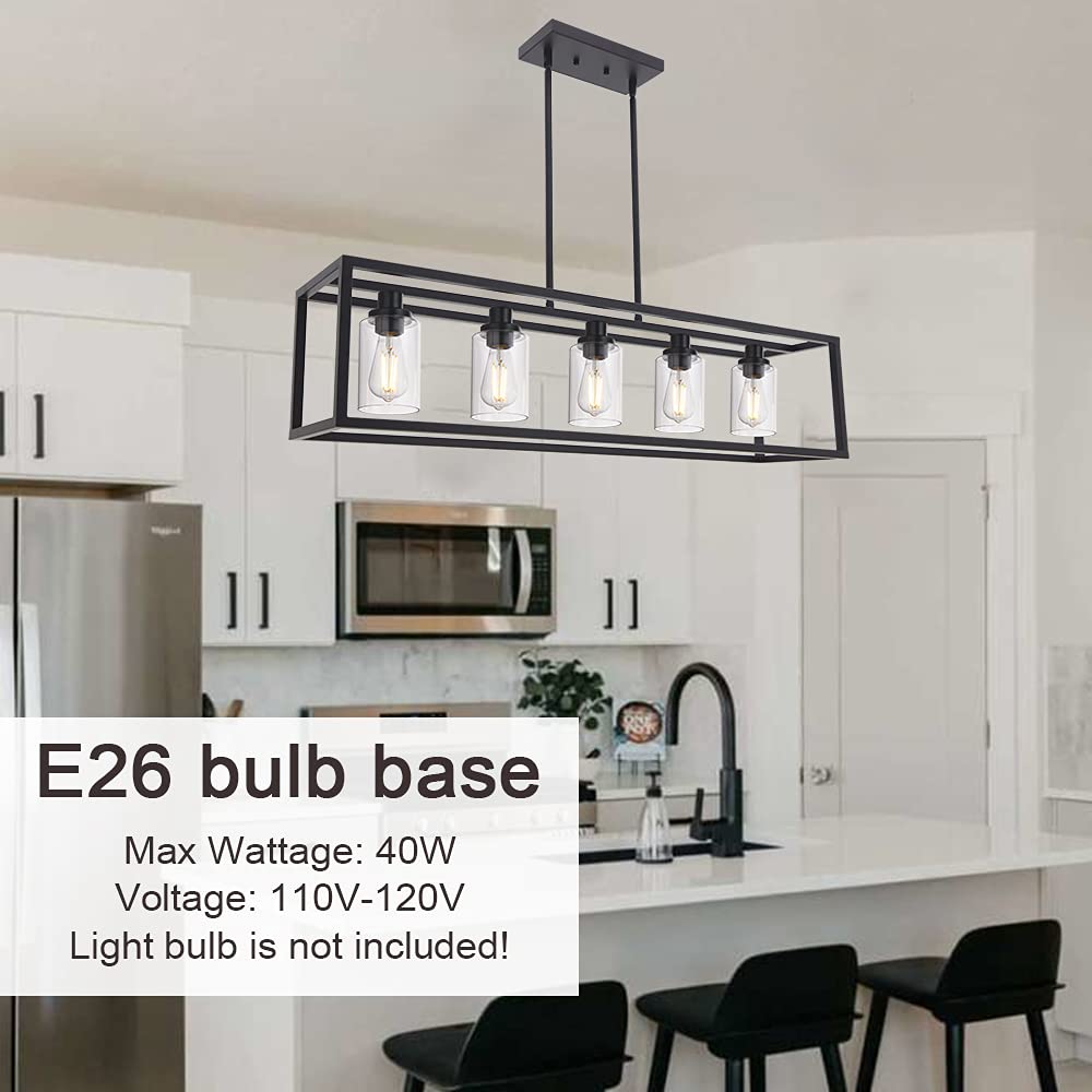 MELUCEE 5-Light Industrial Chandelier, 36.2in Black Metal Pendant Light for Kitchen Island, Farmhouse Style with Clear Glass