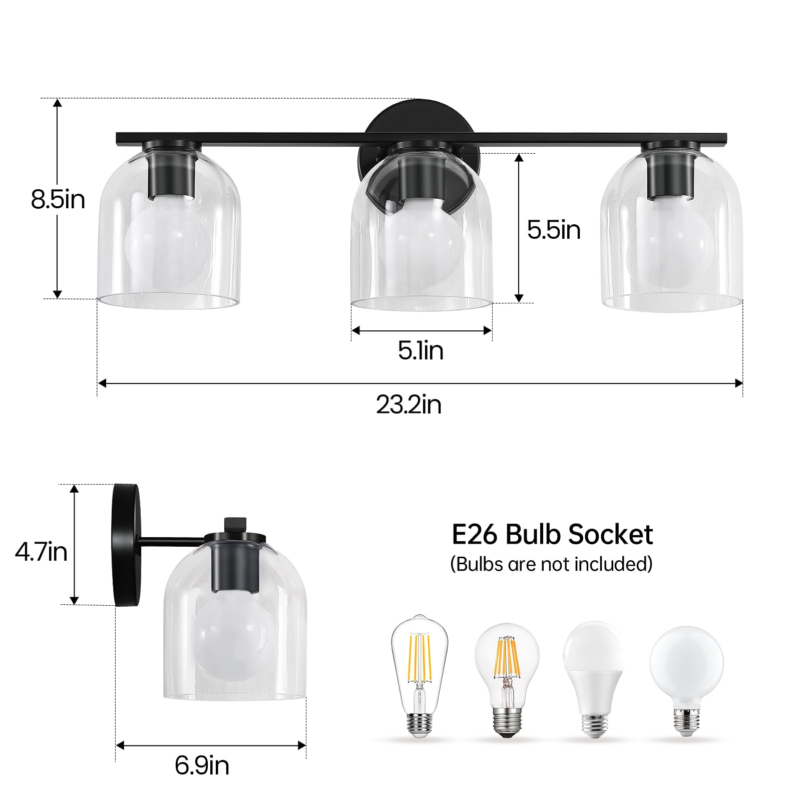 WOSHITU 3-Light Bathroom Vanity Light Fixture, Matte Black, 23.3 Inch, Modern Design with Clear Glass Shade, Model 8202