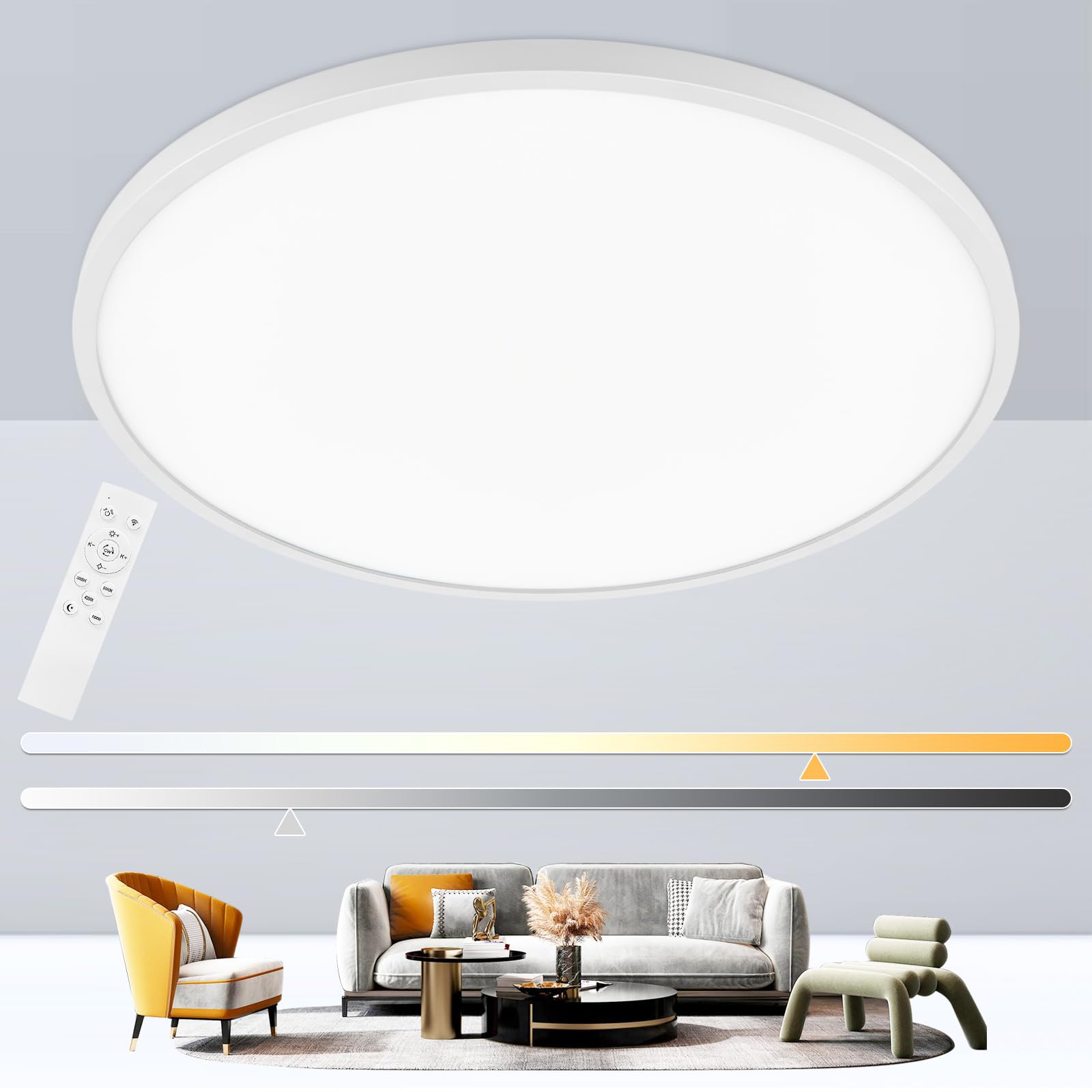 Glowall Modern 20'' Led Ceiling Light Fixture, Ultra Thin Flush Mount, Dimmable With Remote Control, 48W 4800Lumen, White, For Bedroom, Living Room, Kitchen, Dining Room, Home Office
