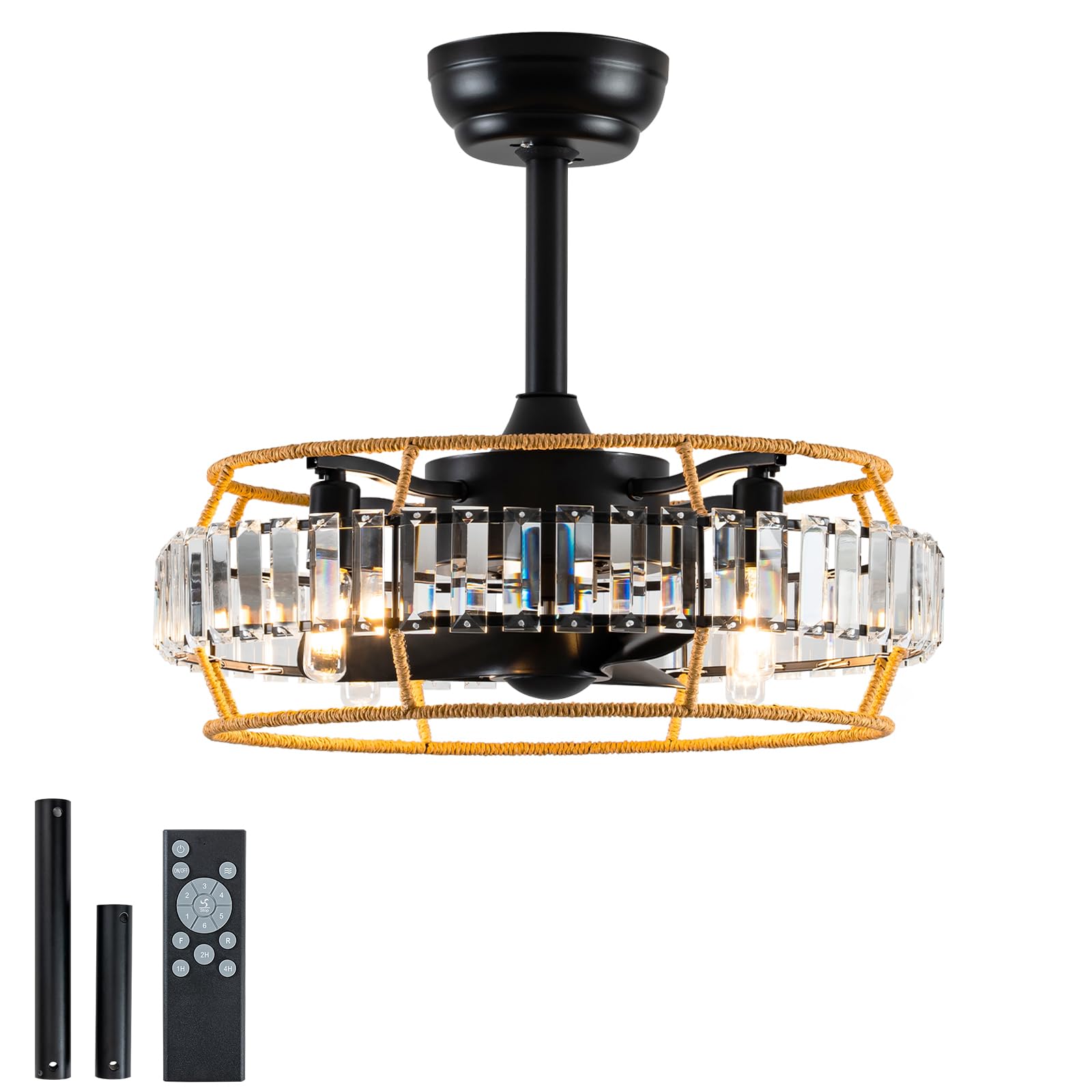 18 Low Profile Ceiling Fan with Light and Remote, Flush Mount Crystal Fan for Low Ceilings, 6-Speed Silent DC Motor, Easy to Ins