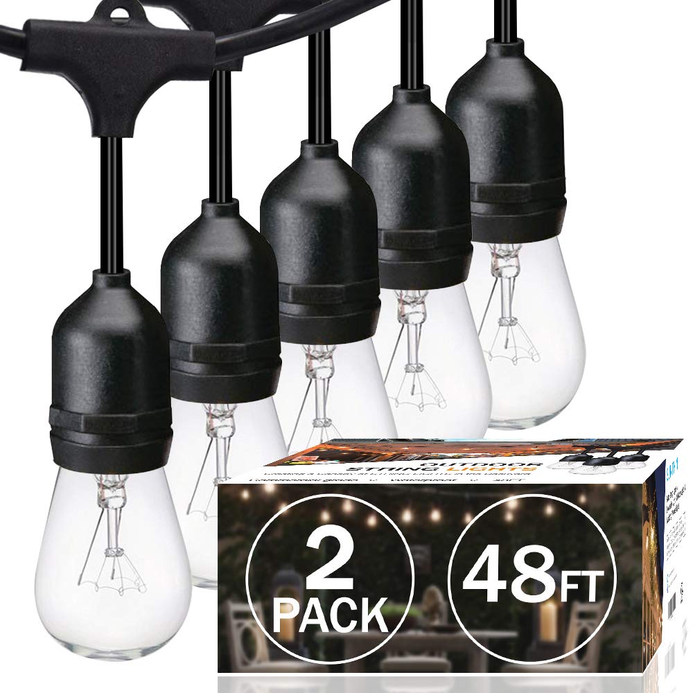 SUNTHIN Outdoor String Lights 48FT 2-Pack, Waterproof Hanging Edison Bulbs, Black