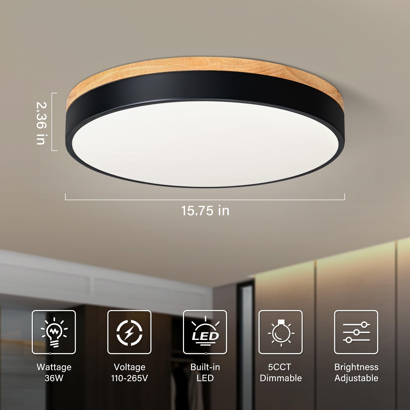 Teminbu Dimmable Wood Led Ceiling Light, 5Cct 2700K-6000K Modern Black Flush Mount Ceiling Light, Minimalist Round Close To Ceil