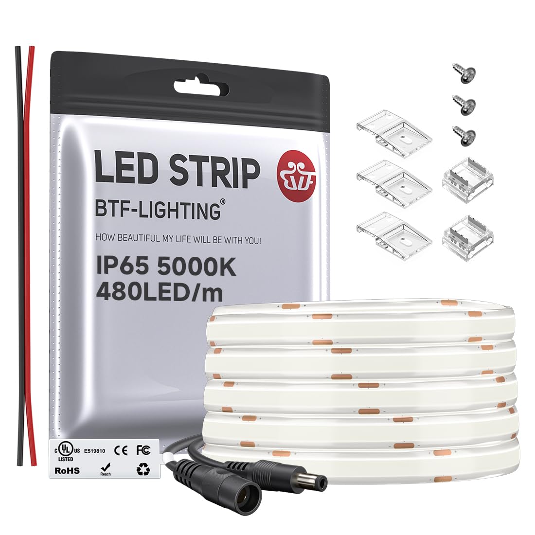 BTF-LIGHTING FCOB COB LED Band Flexible High Density Uniform Light 9W/m 16.4FT DC24V Daylight White 5000K 480LEDs/m CRI 90+ 8mm IP65 Waterproof Width Dimmable LED Ribbon(No Adapter or Controller)