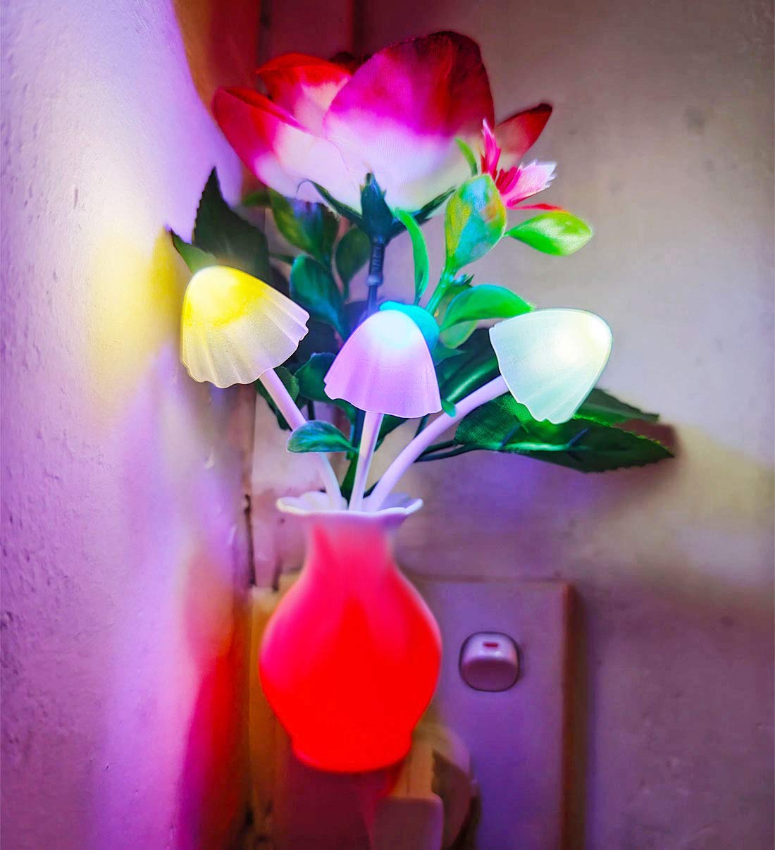 Ausaye 2 Pack Sensor Led Night Light Plug-In Nightlight, Color Changing Mushroom Light Rose Flower Night Lights For Kids Adults