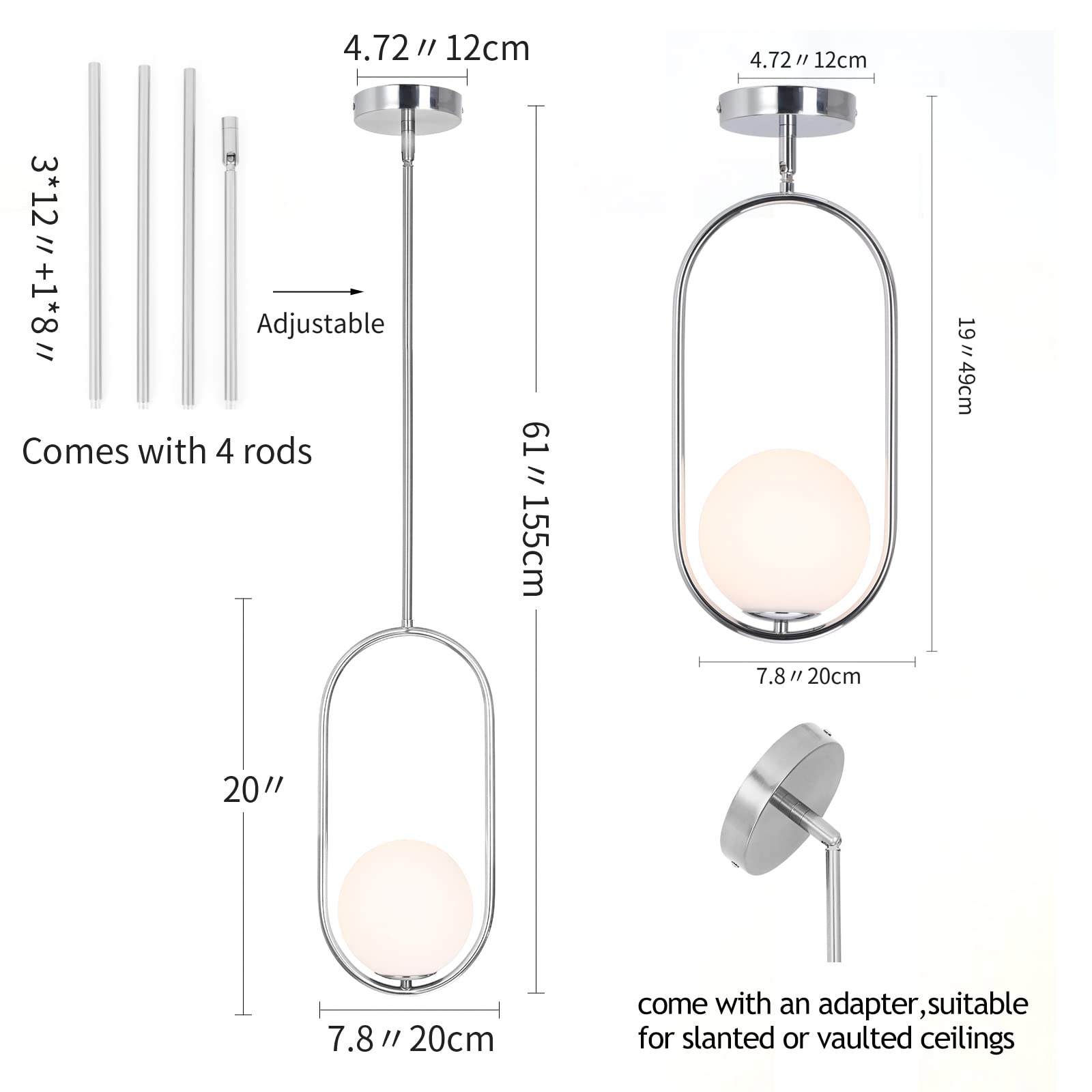 Seeu Pendant Lighting Modern Style Chrome Chandelier,Single Hanging Light Fixture Milky Glass Globe Lampshade Pendant Light Fixt