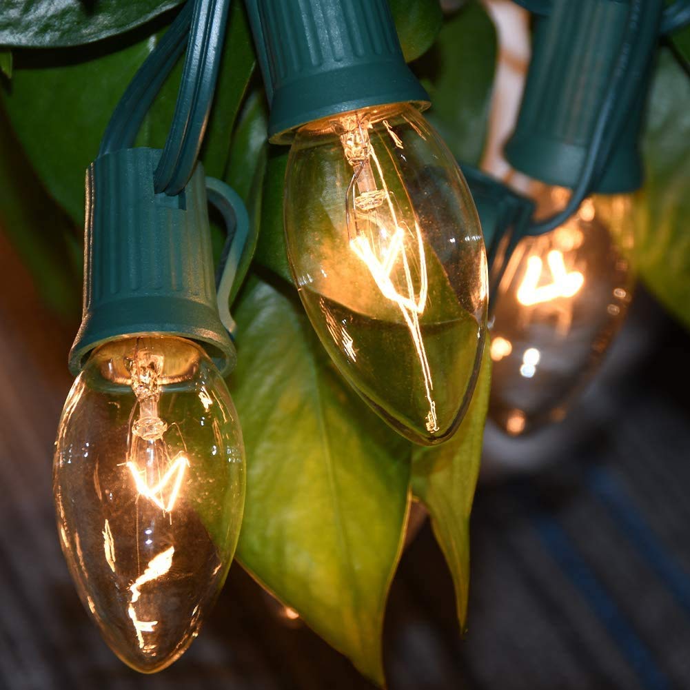 Romasaty C9 Clear Replacement Bulbs, 25 Pack, 7 Watt Glass Candelabra Base Outdoor String Light Bulbs