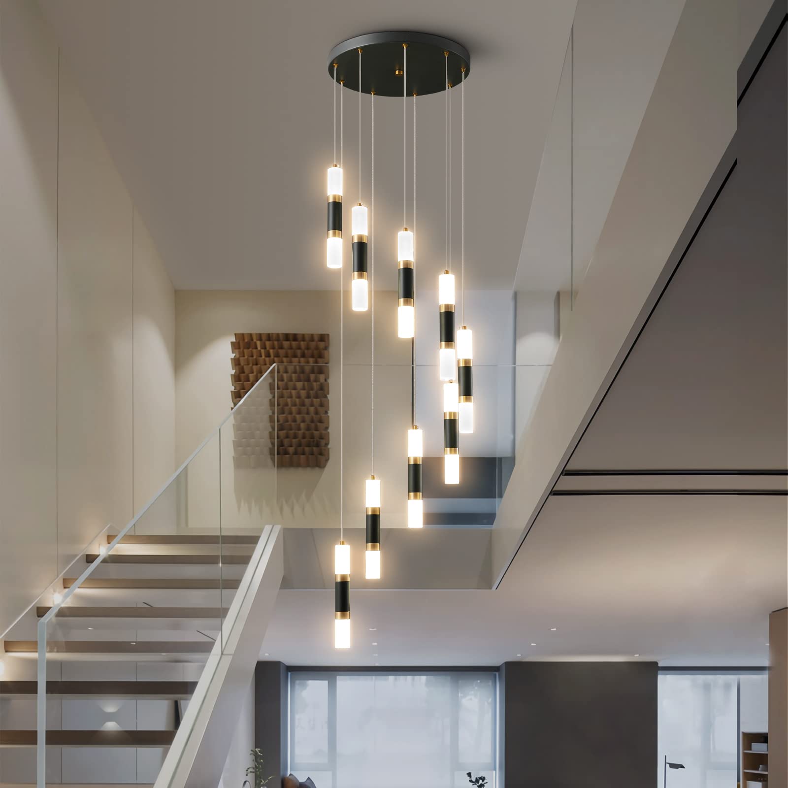 Liangmh Modern Black Gold Kitchen Island Dimmable Led 9-Light Ceiling Pendant Large Chandelier For Light Living Room Foyer Stair