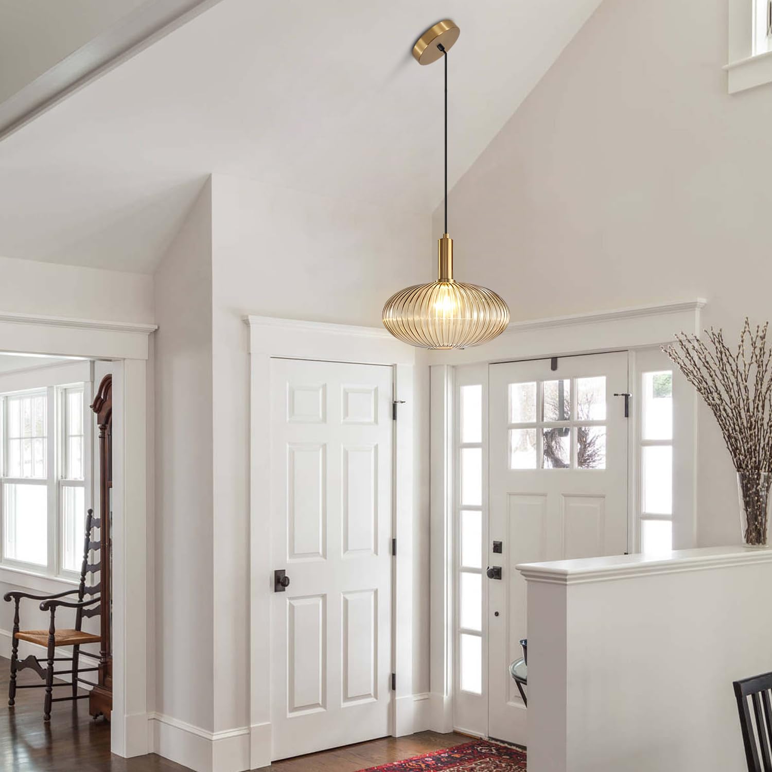 KCO Modern Gold Globe Pendant Lamp, 1-Light Antique Brass, Amber Glass, 30cm, Model L1143-A, Vintage Adjustable Ceiling Light