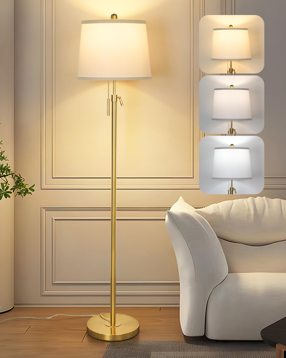 Gold Floor Lamp For Living Room, Tall Standing Lamp With 3 Color Temperatures Modern Brass Floor Lamps For Reading Bedroom Office Lights Corner Night Stand Kids Lamp (9W Led Bulb, White Lampshade)