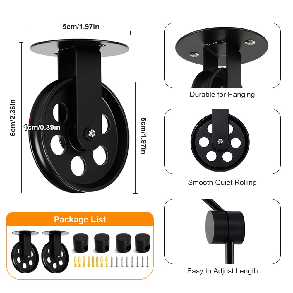 Koltime Black Pulley Wheels Set Of 2 For Plug In Pendant Light Swag Ceiling Hooks For Hanging Lights With Cord, Aluminium Wall C