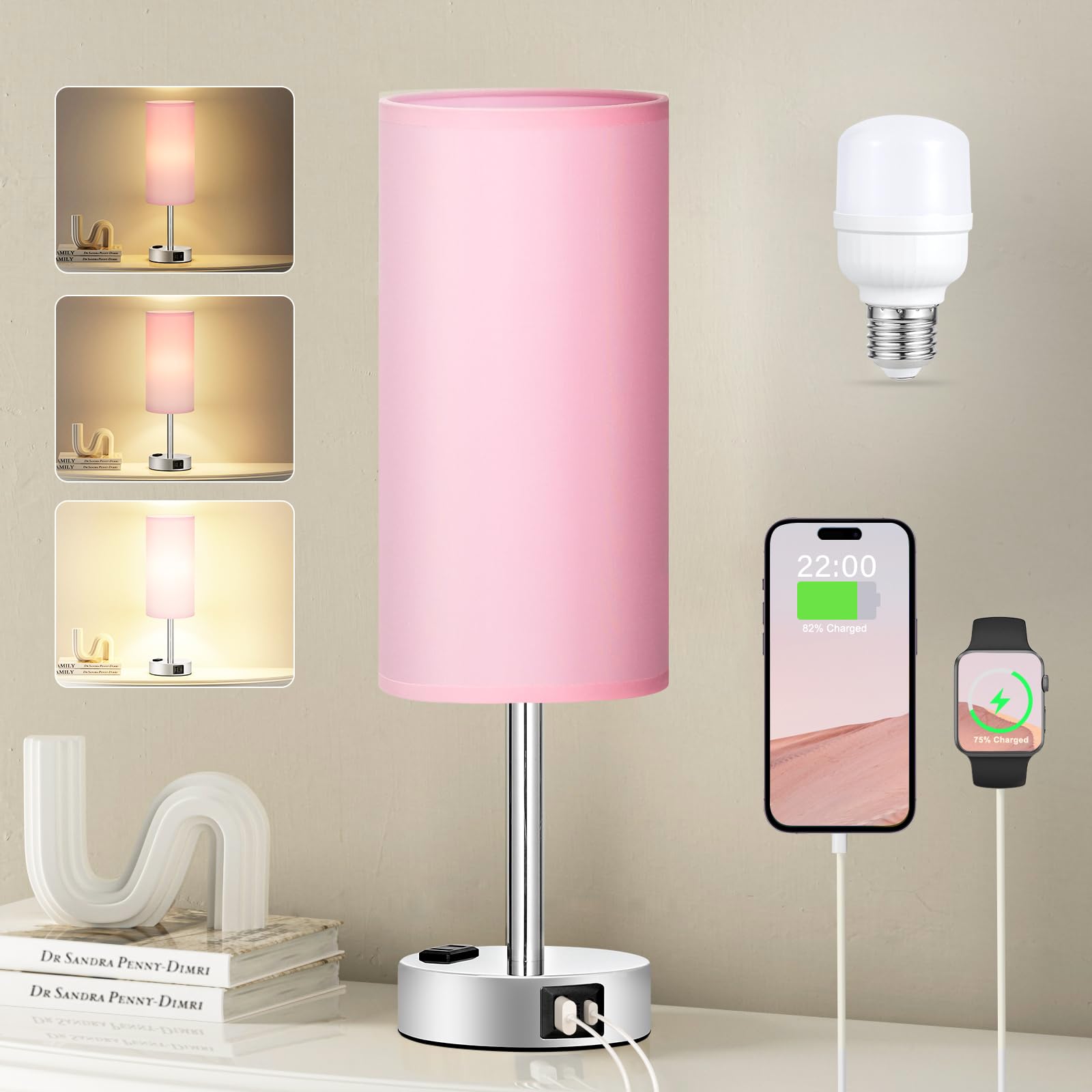 Fenmzee Pink Lamp for Bedroom Nightstand - 3 Way Dimmable Touch Table Lamp USB C Charging Ports, Small Lamp with AC Outlet for D
