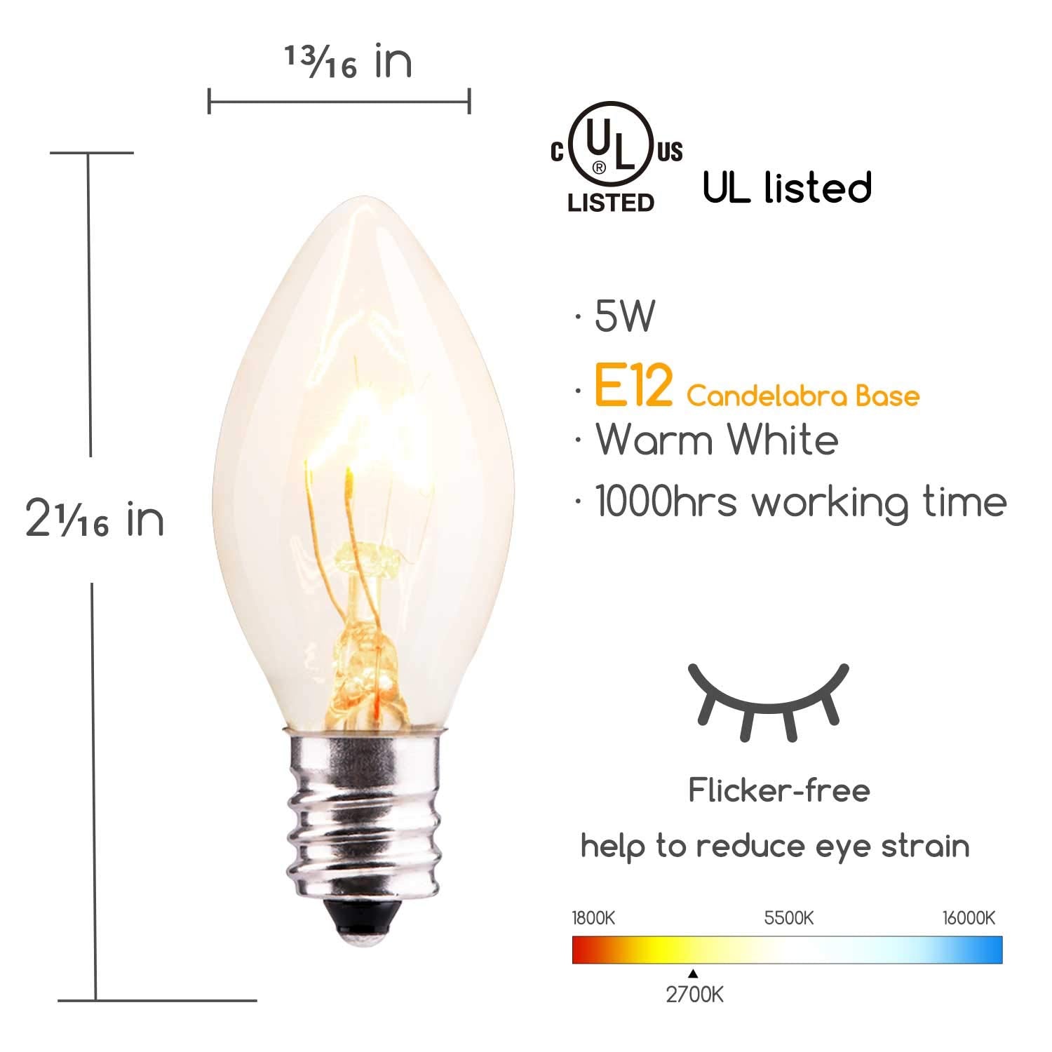 Minetom 50 Pack C7 Incandescent Light Bulbs, C7 Replacement Bulb For Christmas String Light, E12 Candelabra Base, 5 Watt, Clear