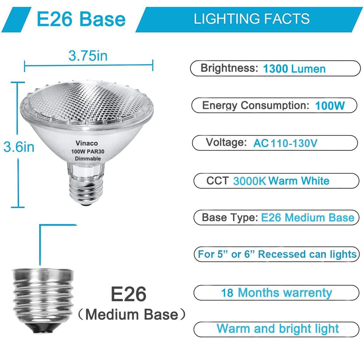 Vinaco PAR30 Halogen Bulb 100W 120V E26 Base, 6 Pack, Dimmable 3000K Warm White, Short Neck, Silver Finish