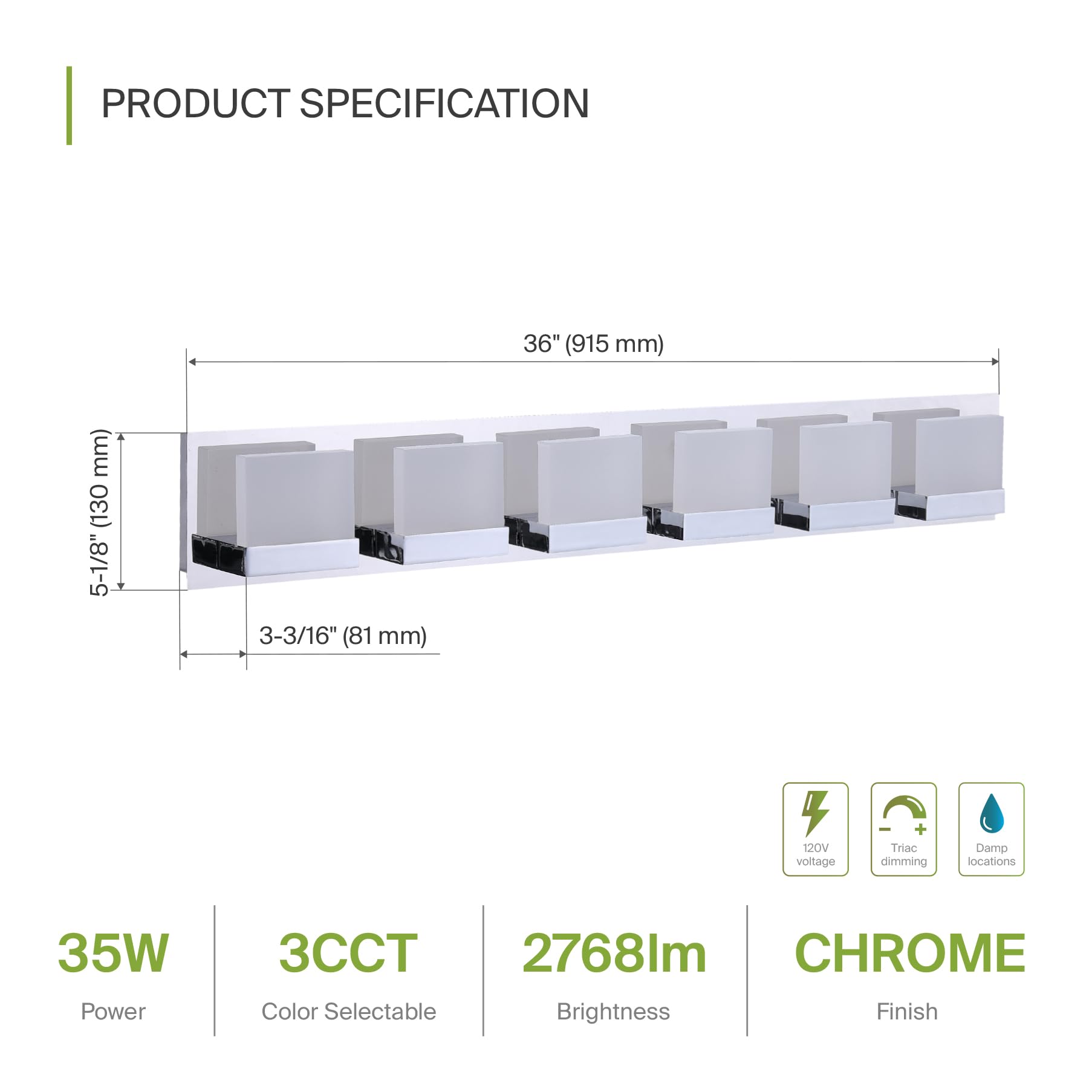 Asd Led 36 Inch Bathroom Vanity Light Fixture | 6-Lights 35W 2020Lm 3000-5000K 120V | 3Cct, Dimmable, Etl Listed | Over Mirror L