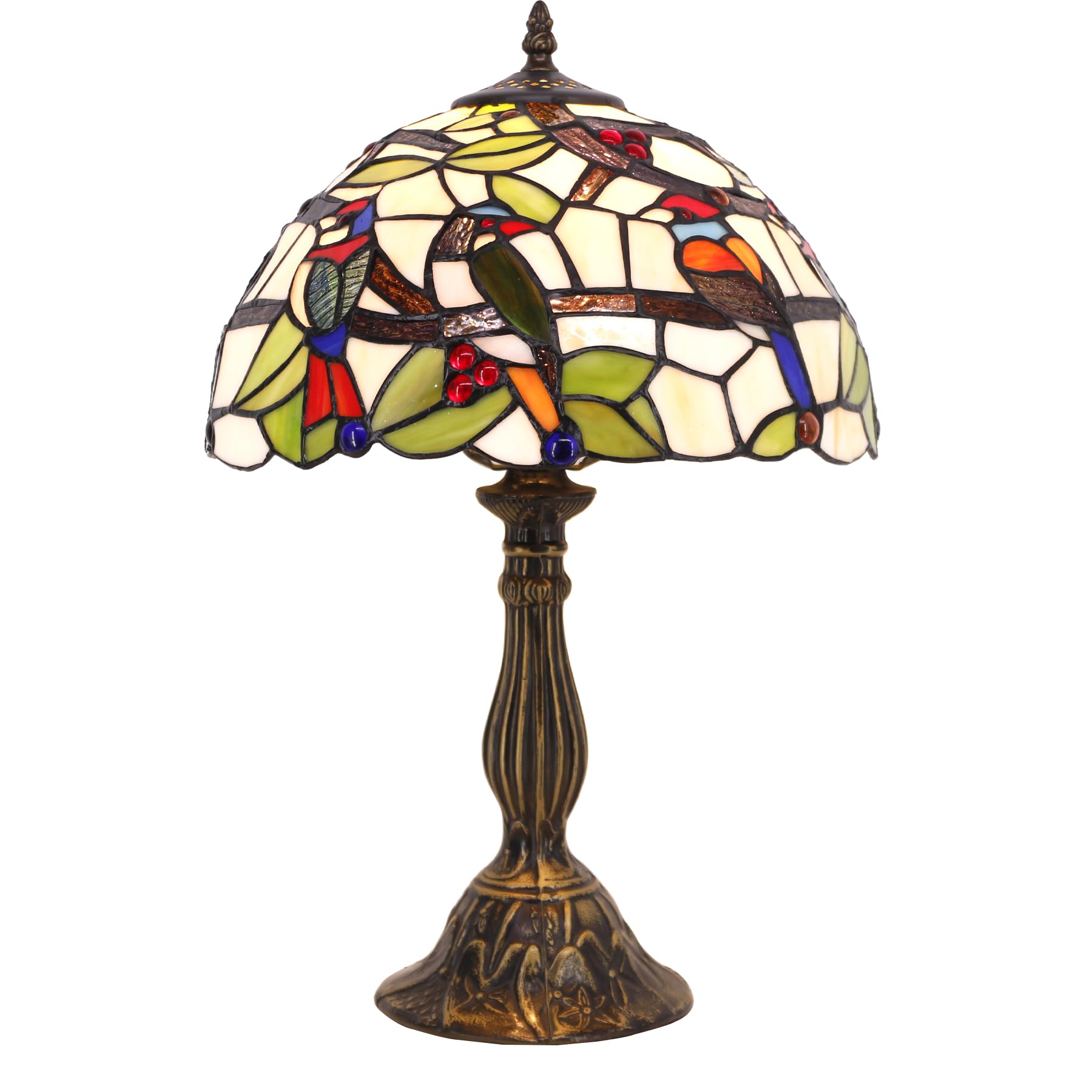 WERFACTORY Tiffany Table Lamp, Double Birds S805 Series, Glass, 12x12x18 Inches, Bedside Light for Bedroom, Living Room, Home Office