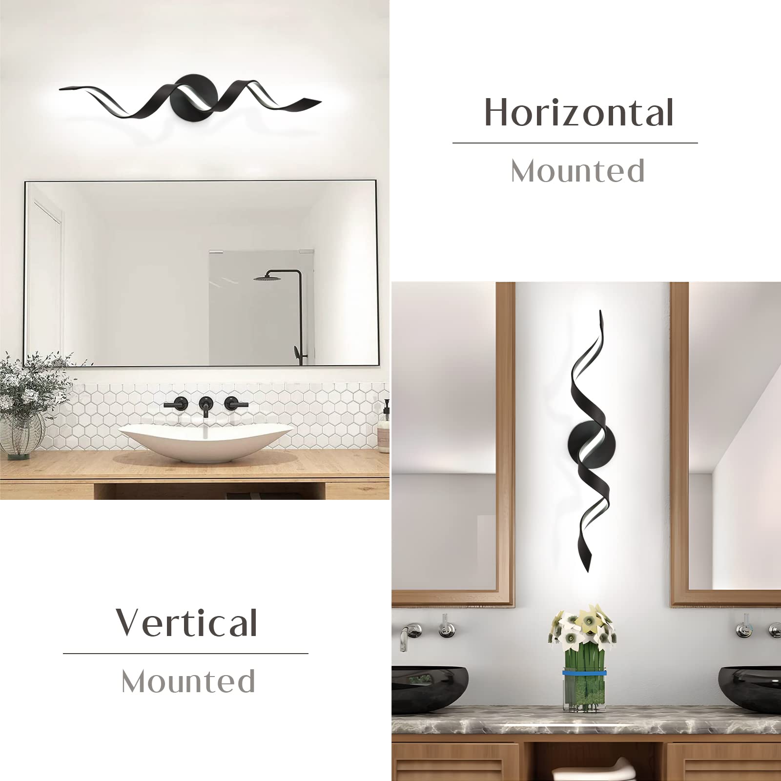 Huoku 24" Dimmable Black Led Bathroom Vanity Light Fixture, 15W Spiral Design, 6000K
