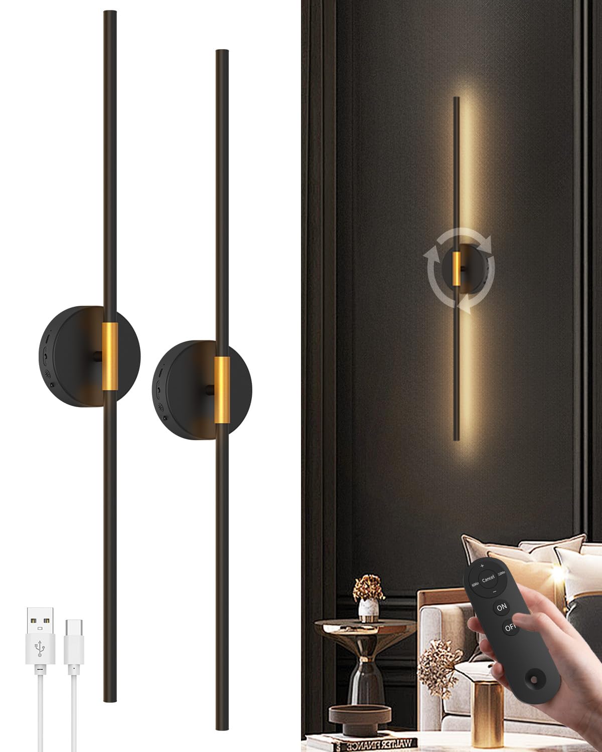 Battery Operated Wall Sconces Set of 2, 360 Rotatable Wall Sconce with Remote Control, 3000K Dimmable Magnetic Mount Wall Sconce