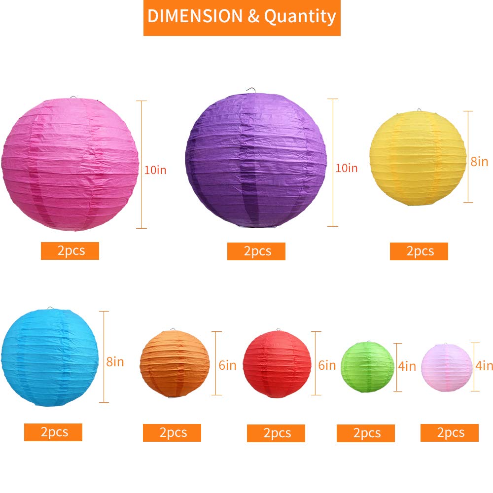 Beishida 16Pcs Colorful Paper Lanterns Multi-Color Chinese/Japanese Hanging Round Paper Lanterns For Wedding, Birthday, Baby Sho