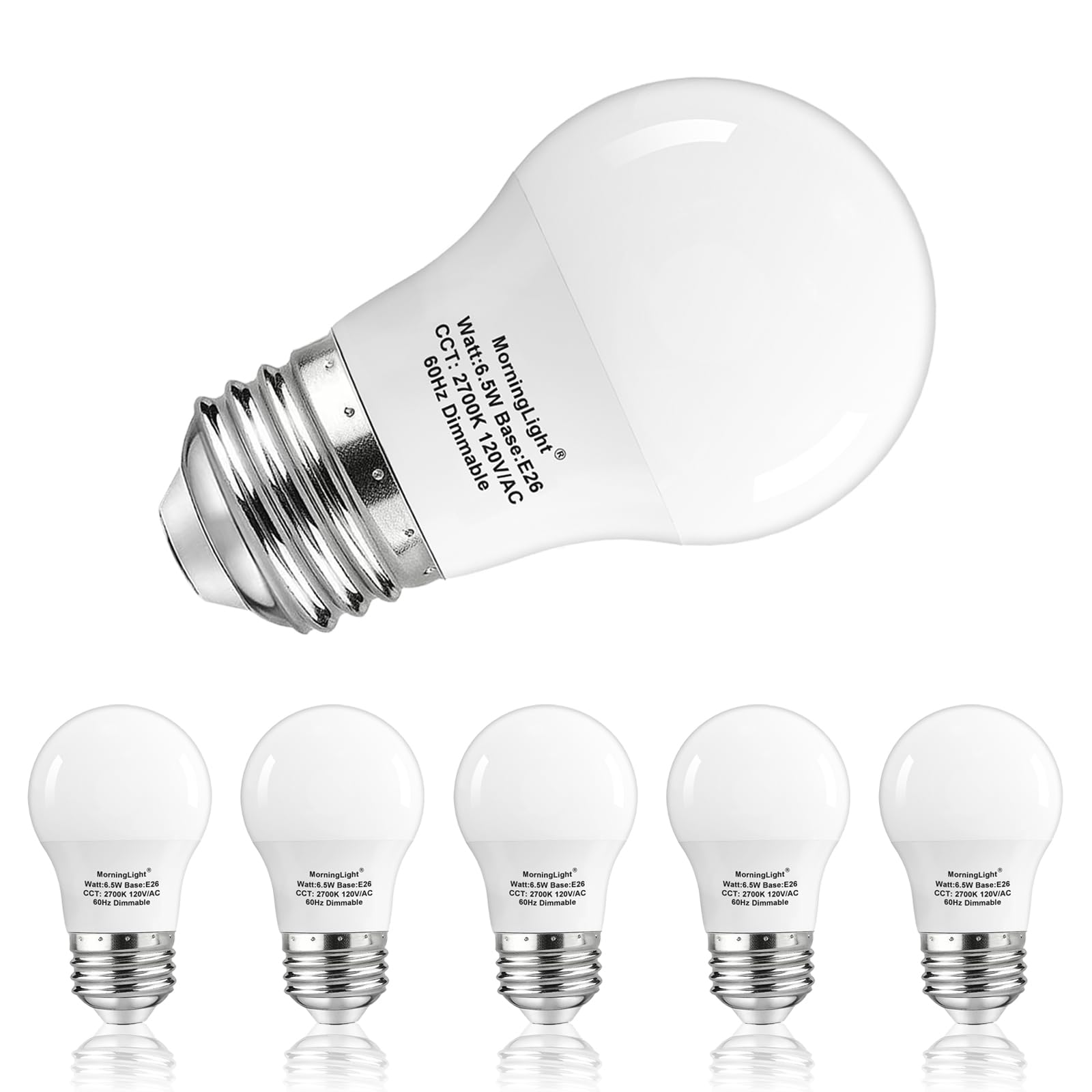A15 Led Ceiling Fan Light Bulb, E26 Led Bulb 6.5W Equivalent 60 Watt Dimmable Light Bulbs, 2700K Warm White, 6 Pack A15 Led Ligh