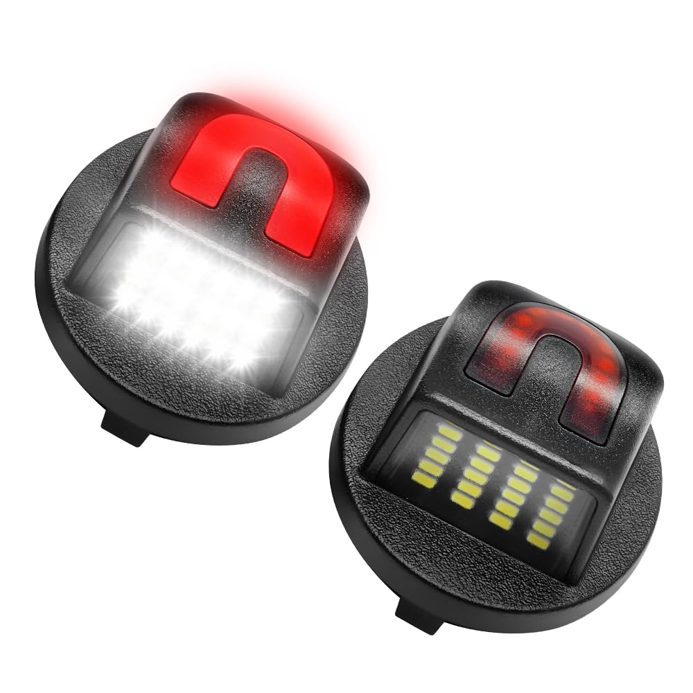 LESAUCE LED License Plate Lights, C-Shaped Rear Parking Red Light, 6500K White, U-Shaped Housing, Black+Red, Pack of 2