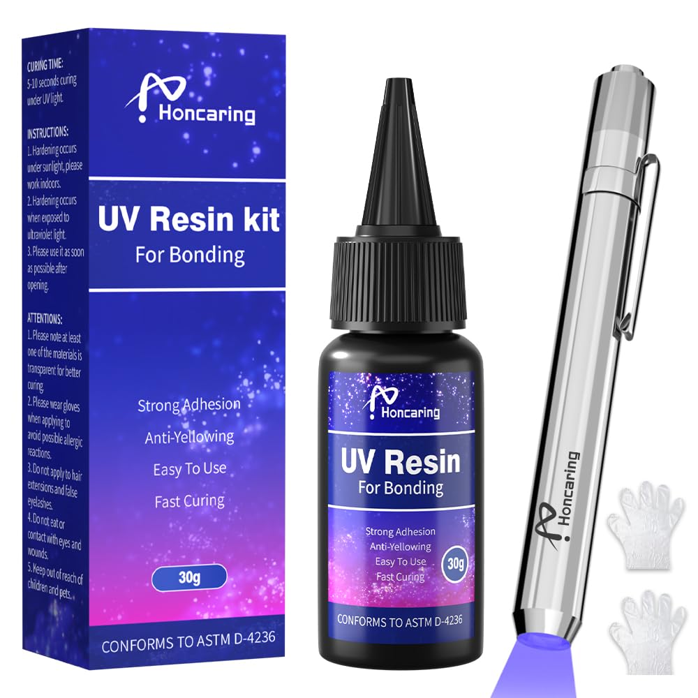 Honcaring UV Resin Kit with Light, Fast Drying Beginner-Friendly Kit, Bonding & Repairing in Seconds, 30g/1oz Clear UV Glue with
