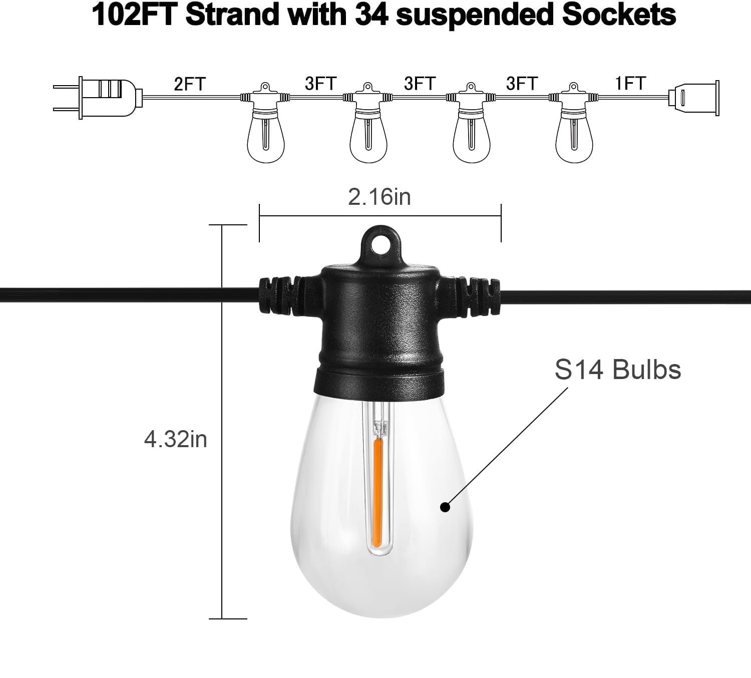 Banord Outdoor String Lights, 102FT Waterproof Black Patio Lights with 35 Shatterproof LED Bulbs, Model BN-S14-102FT-XH