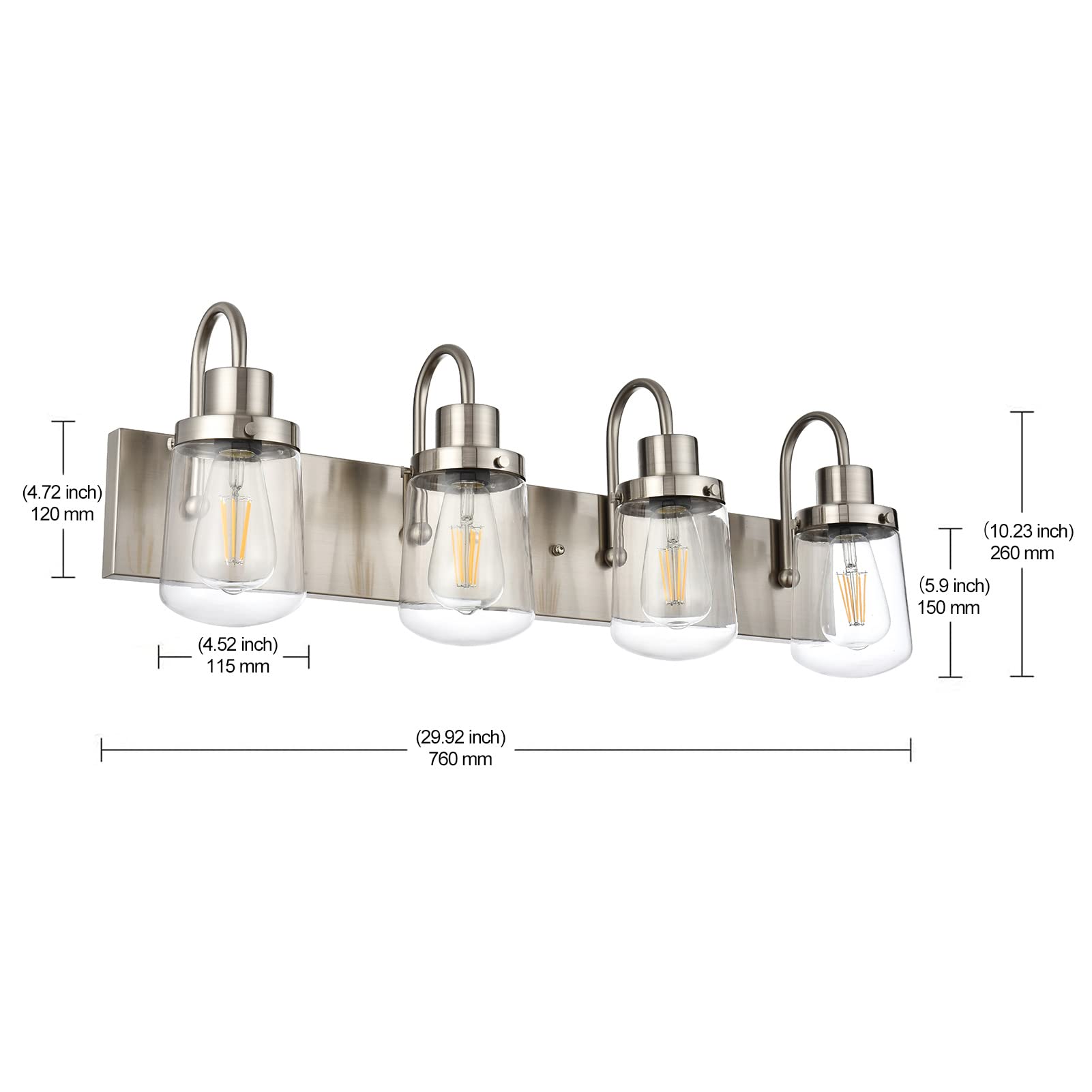 Yaohong 4-Light Modern Bathroom Vanity Light, Satin Nickel Farmhouse Fixture With Glass Shades