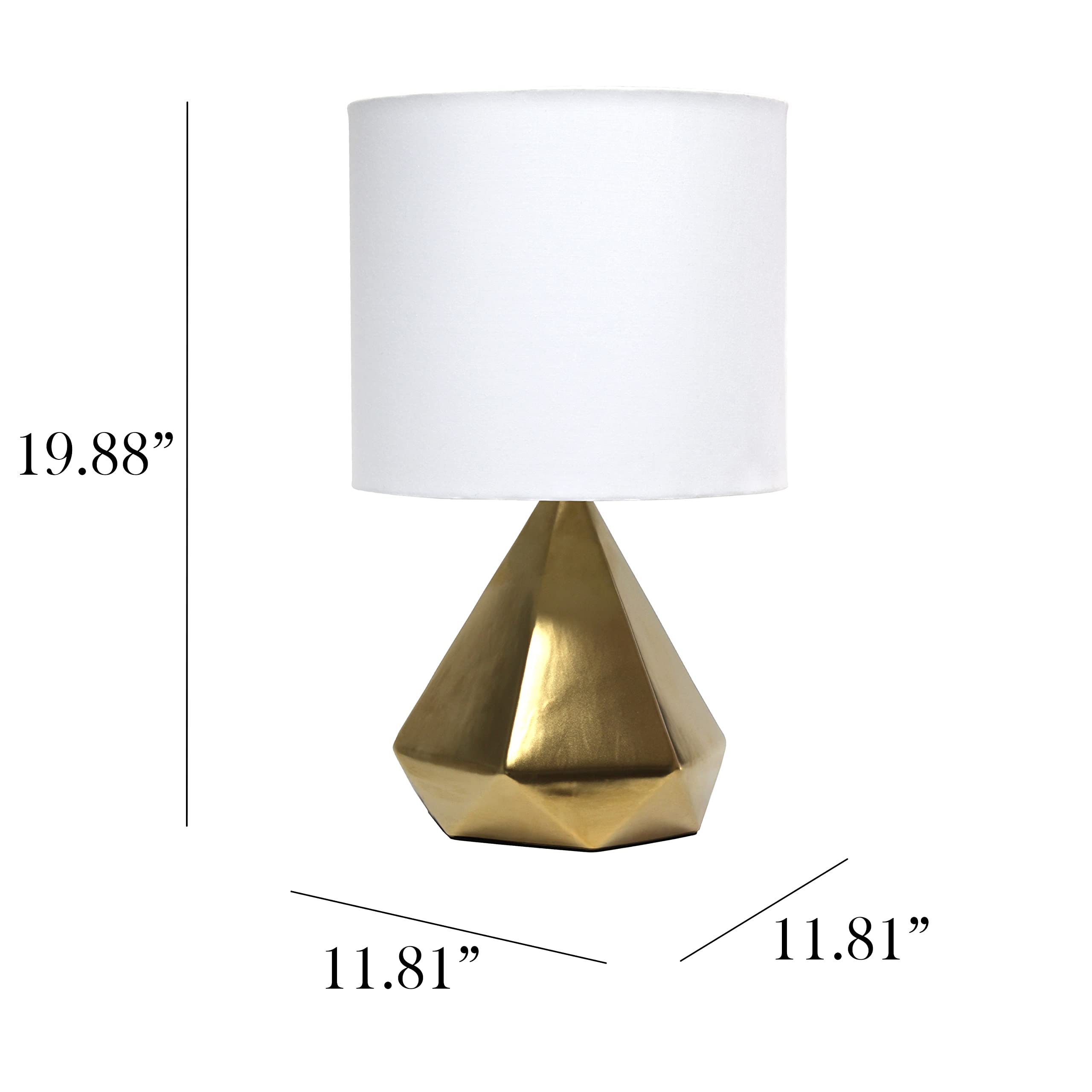 Simple Designs Geometric Ceramic Table Lamp, 11.81inL x 11.81inW x 19.88inH, Gold, Model LT2079-GLD, White Fabric Shade