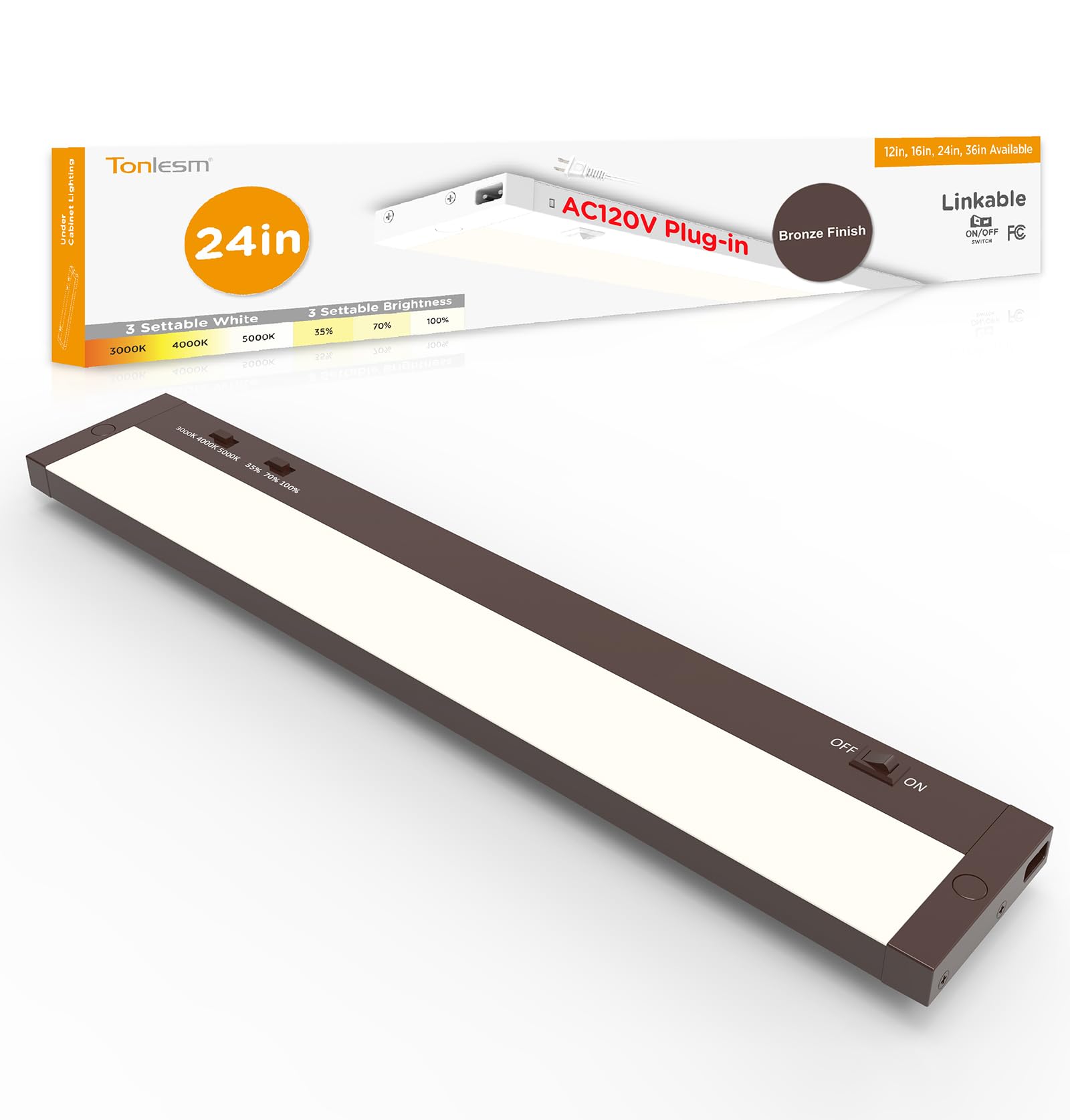 Tonlesm 24 Inch Under Cabinet Lighting Plug in  14W 120V 3 Color 3000K/4000K/5000K  3 Brightness  Super Bright  Ultra Thin Under Counter Lights for Kitchen  Linkable LED Cabinet Light  Bronze
