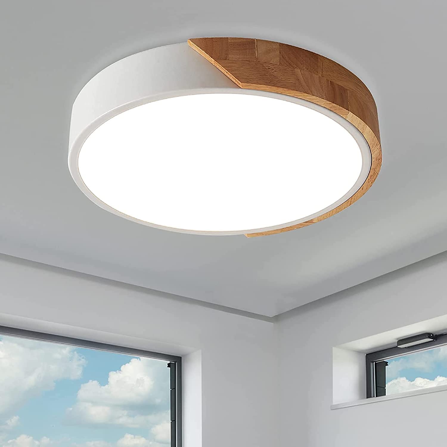 Flush Mount Ceiling Light  12 Inch Led Ceiling Light Fixture  Matte White With Wood  4500K/24W(150W Equiv.)  Not Dimmable Indoor Lighting Fixtures Ceiling For Bedroom And Hallway
