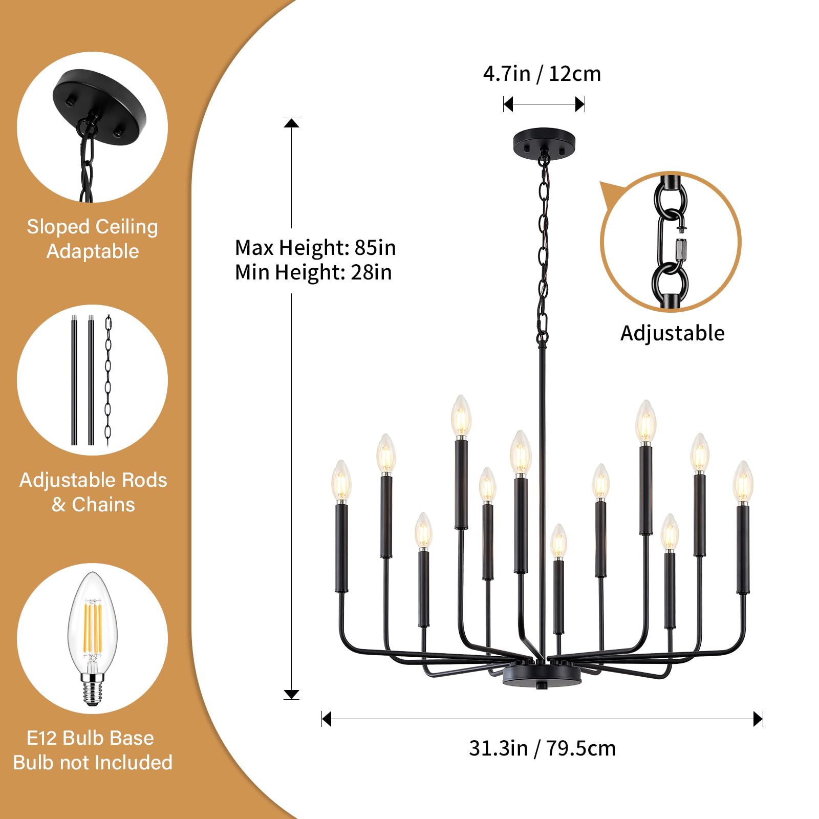 Zuyurt 12-Light Black Chandelier Light Fixture, Modern Farmhouse Chandelier For Dining Room Hanging Lighting, Metal Candle Chandelier With Chain For Living Room, Kitchen, Entryway, Foyer, Stairs