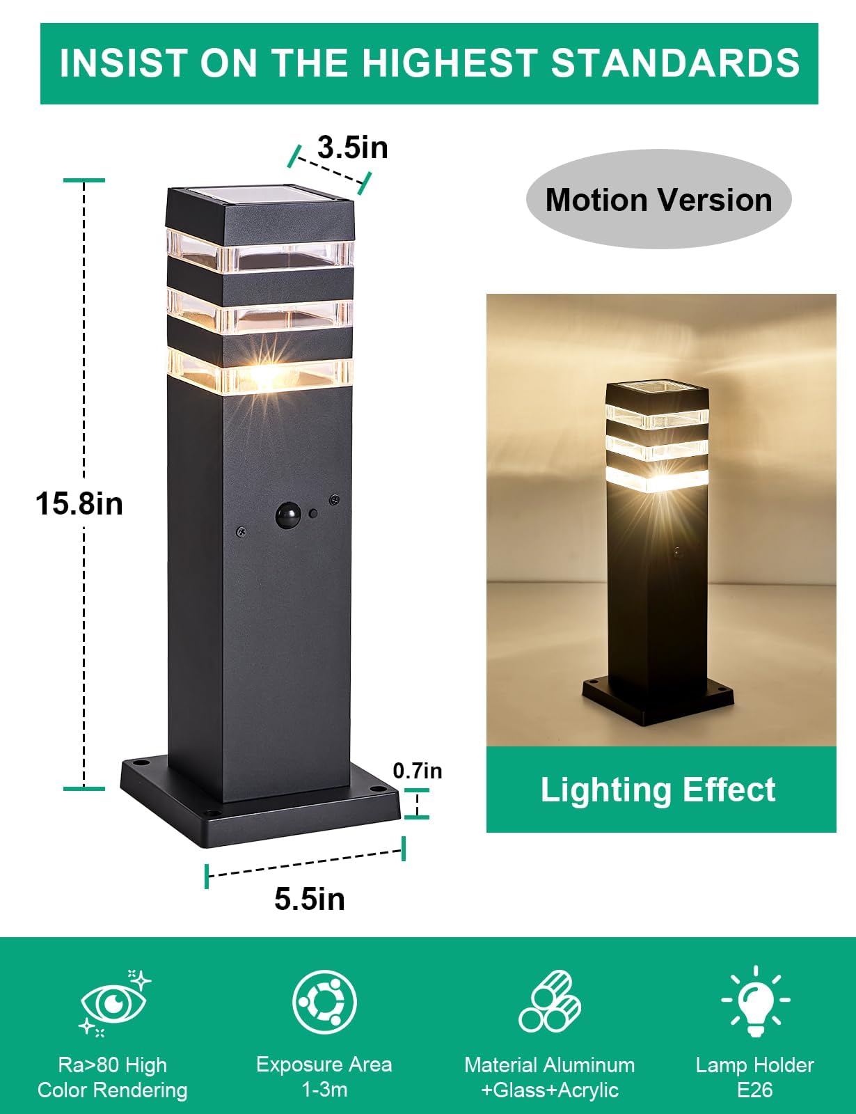 Delicavy Outdoor Post Light with Motion Sensor, Waterproof Aluminum, Medium, Black