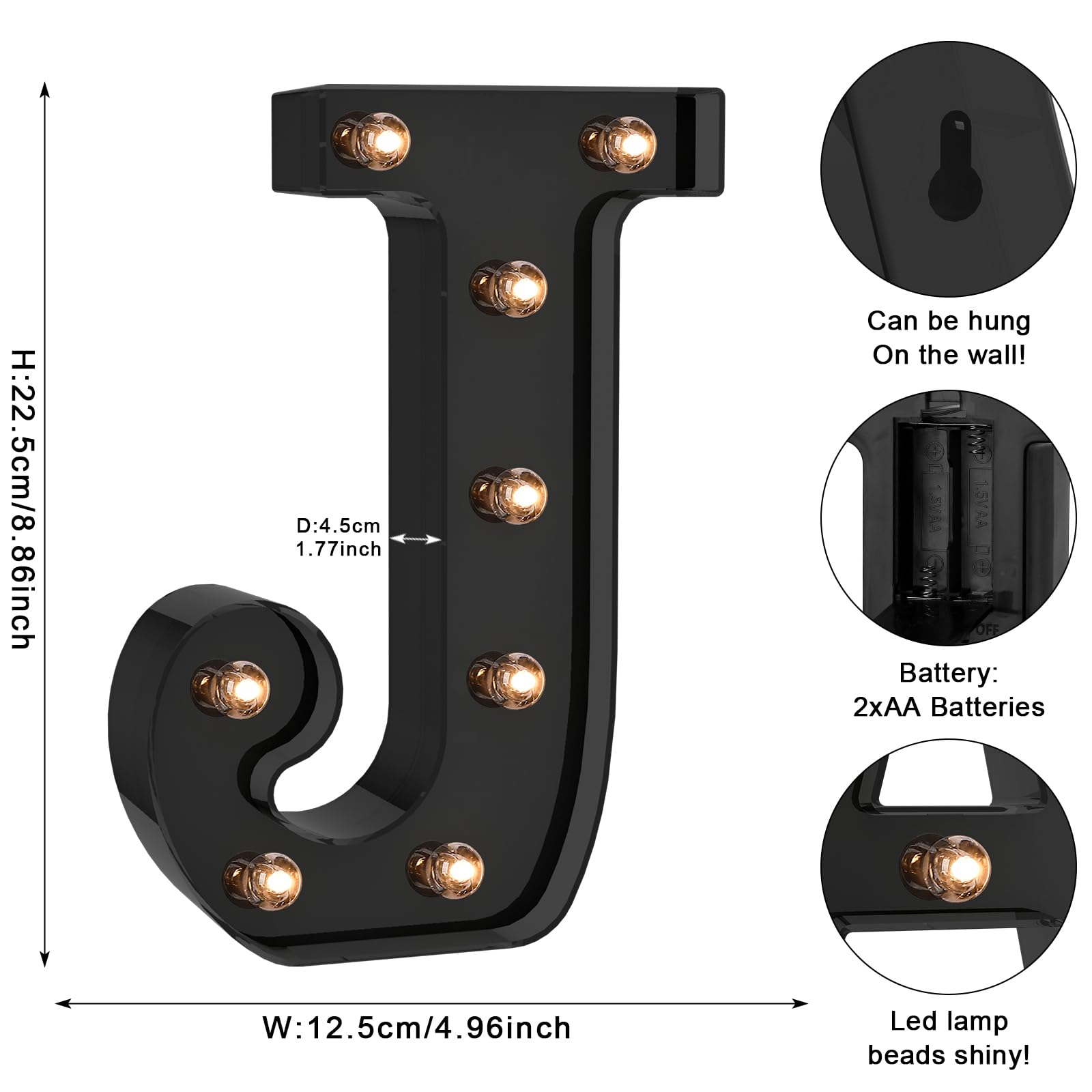 Foaky Black LED Letter Lights - Battery Operated Alphabet Decor for Home, Party, Wedding - Size J, Plastic Material