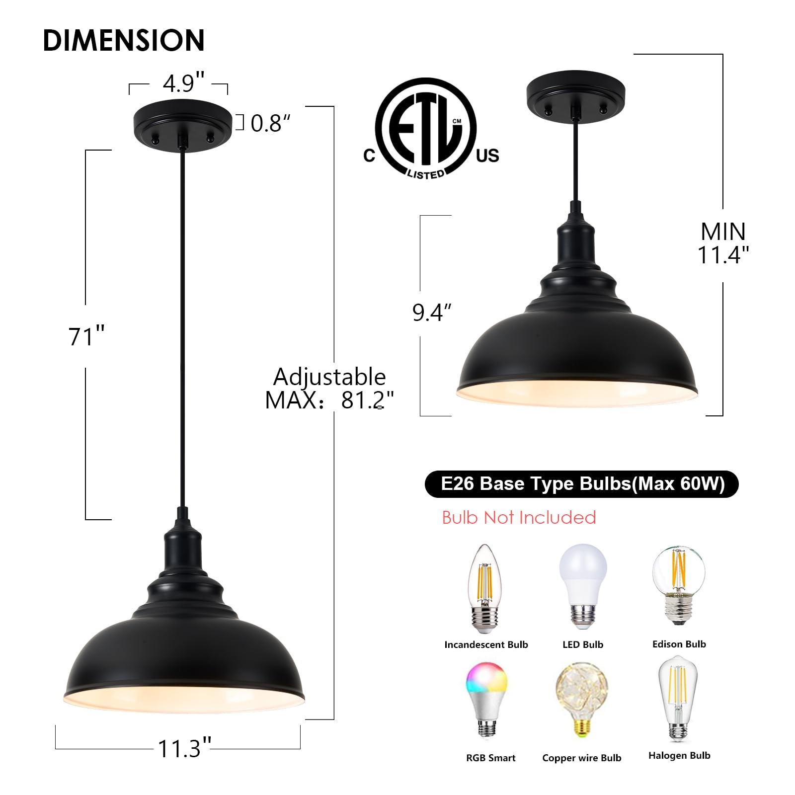 Alaislyc 2 Pack Black Farmhouse Pendant Lights - Adjustable Industrial Hanging Lamps For Kitchen Island