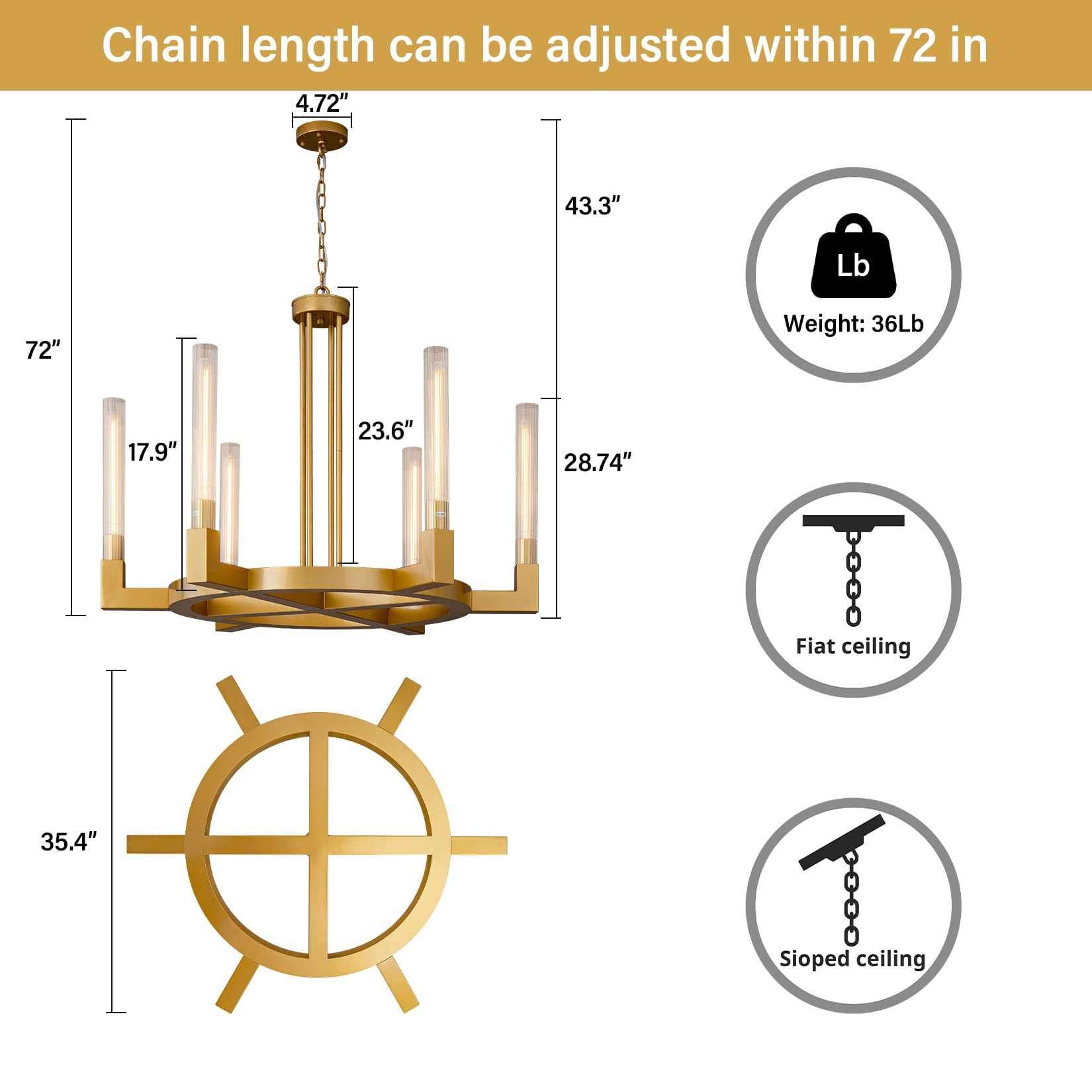 YUEXPAND Farmhouse Chandelier, 35'' Round Gold 6-Light Wagon Wheel Pendant Lighting for Dining Room, Foyer