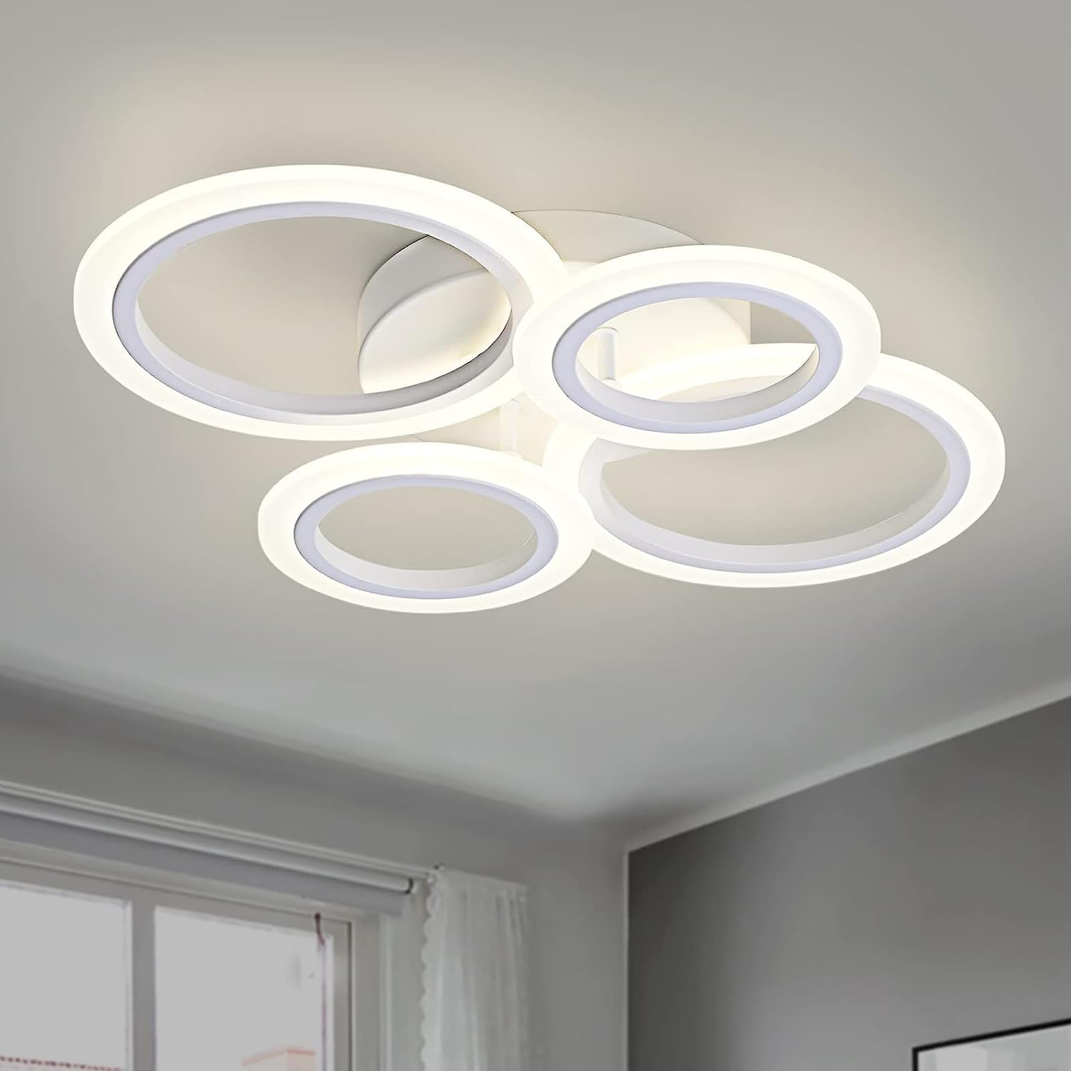 Vikaey Modern Led Flush Mount Ceiling Light, 4 Rings White Close To Ceiling Light, Lighting Fixture Ceiling Lamp For Kitchen, Living Room, Bedroom, Laundry Room, 4000K Not Dimmable