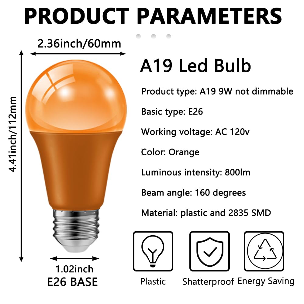 Haraqi 4 Pack 9W (60W Equivalent) 120V E26 Base A19 Led Colored Light Bulb  Orange Led Lights For Party Christmas Decor And Halloween Lighting