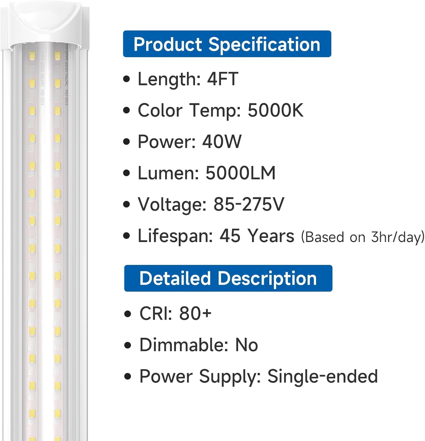 Shinestar 4Ft Led Shop Lights, 40W 5000Lm 5000K Led Shop Light Super Bright 75% Energy-Saving Linkable T8 Light Tube Integrated
