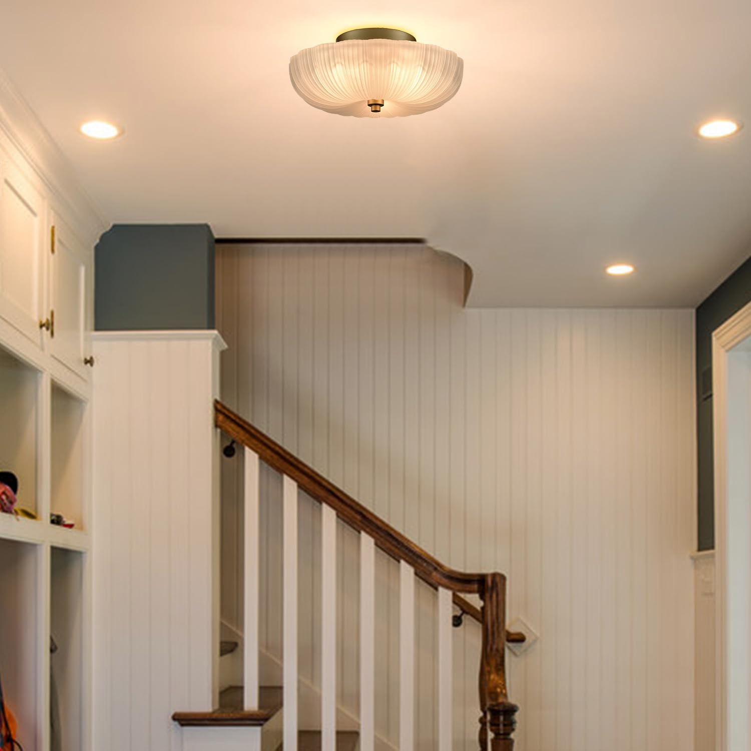 Diryzon 12 Inch Semi Flush Mount Ceiling Light,Modern Ceiling Lights,3-Light Brass Ceiling Light With Sanding Glass For Hallway