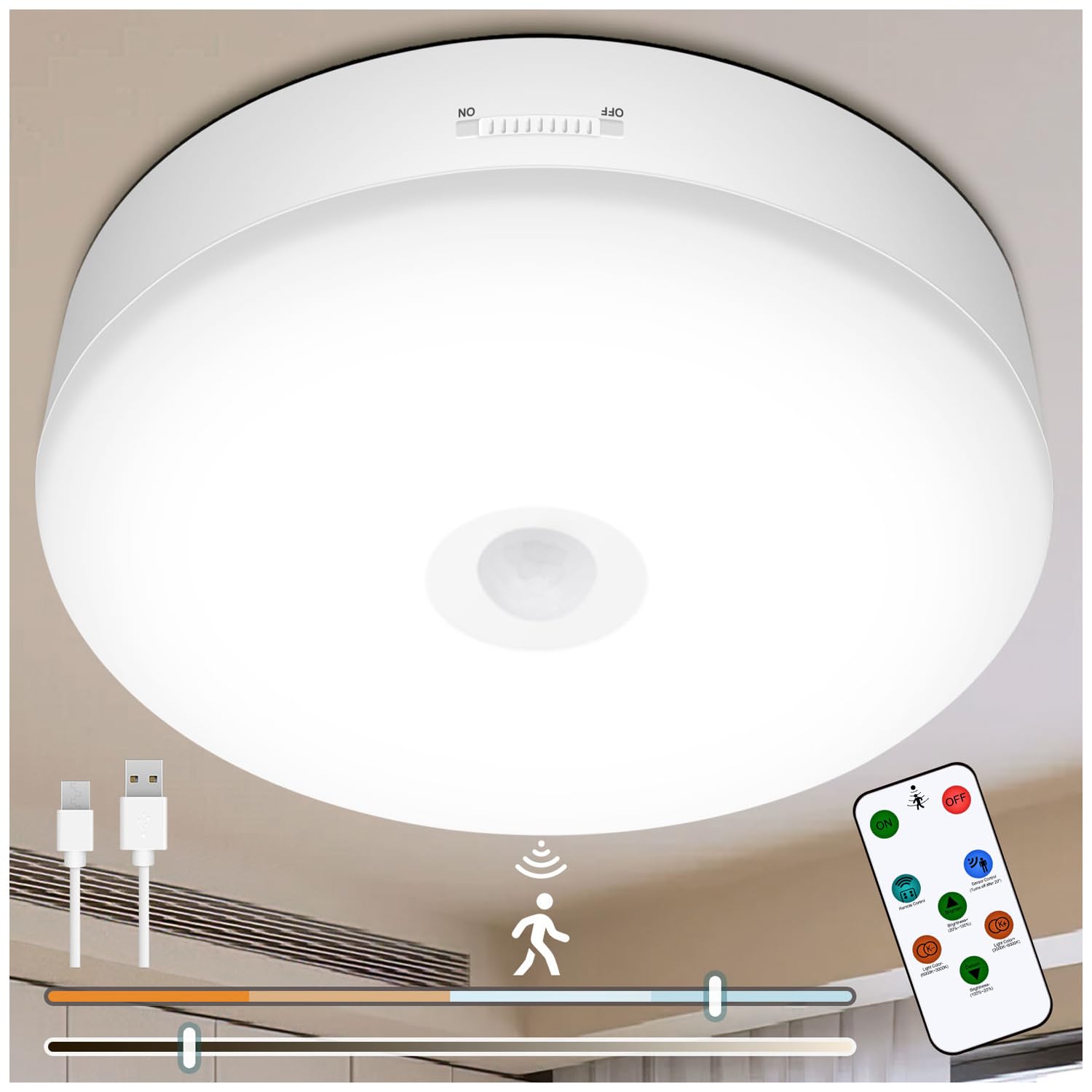 Yurnero Rechargeable Motion Sensor Ceiling Light with Remote 7.4 Inch Wireless Ceiling Lights Battery Operated Closet Light Moti