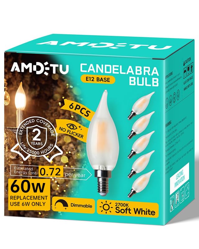E12 60 Watt Equivalent Frosted Led Candelabra Bulb Candle Ca10 Chandelier Light 2700K Soft White Dimmable E12 Base, Ideal For Di